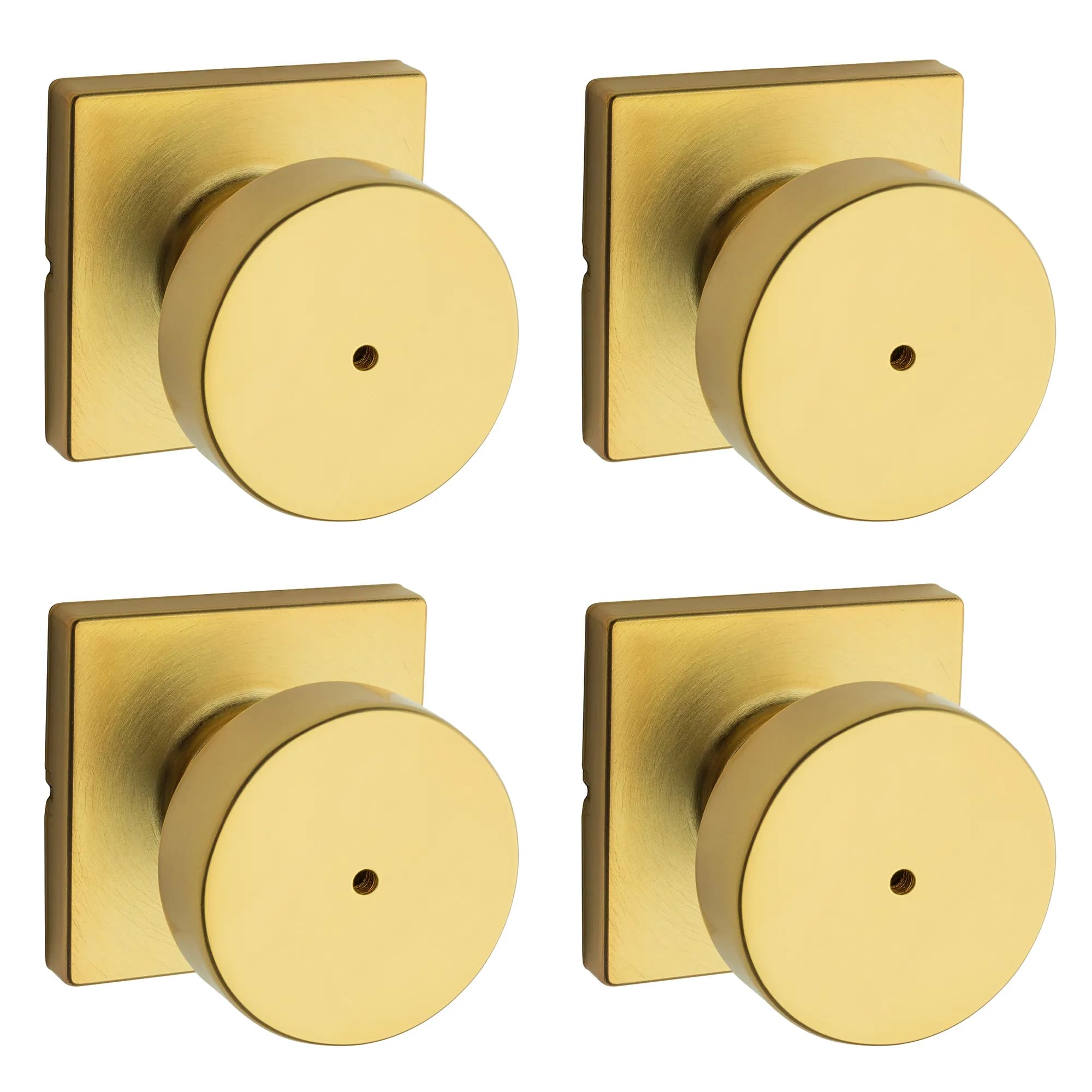 Kwikset Pismo Interior Square Privacy Door Knob with Lock, Door Handle for Bathroom and Bedroom, Satin Brass Keyless Push Button Lock Doorknob 4 Pack