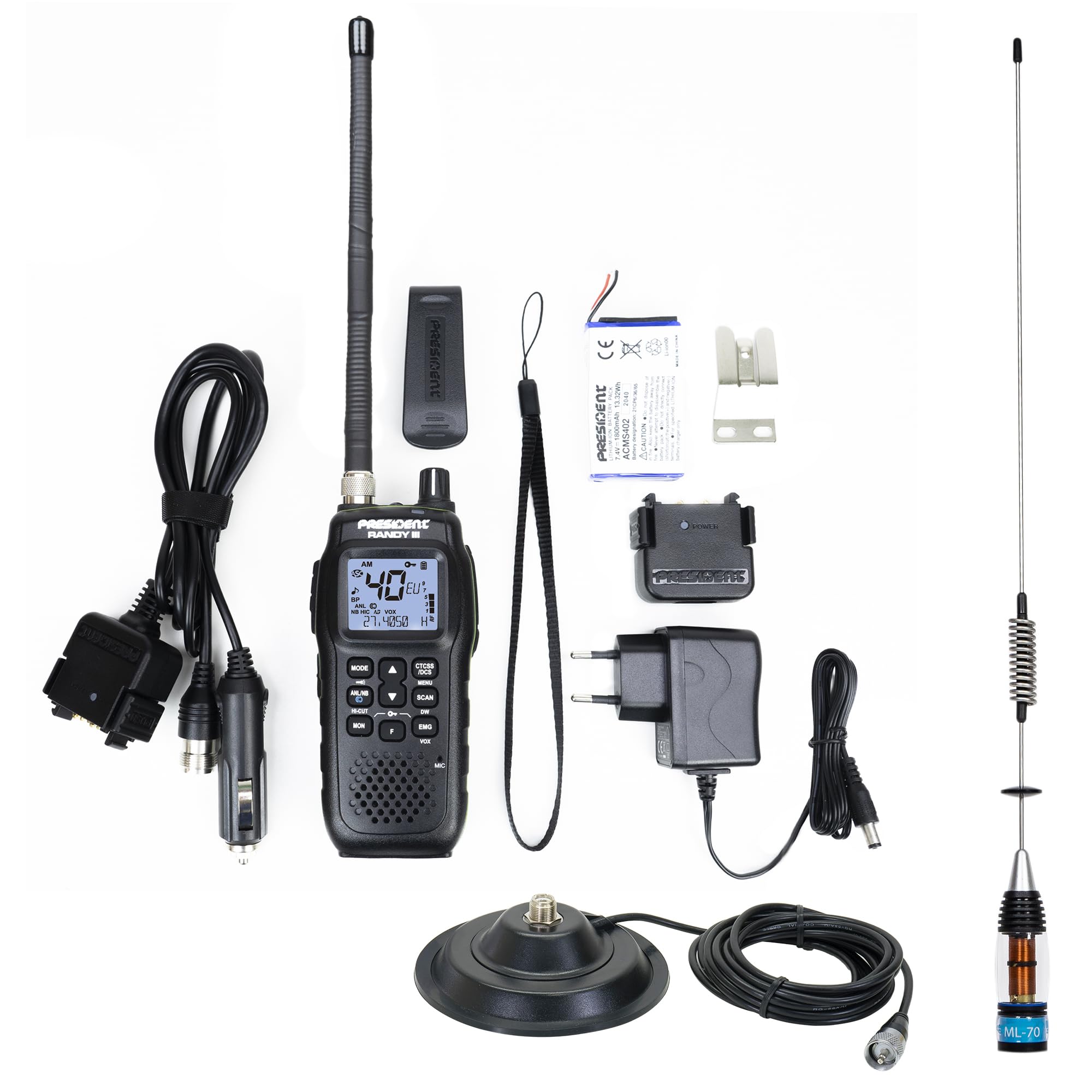 Emisora de Radio CB President Randy III Am/FM + Antena CB PNI ML70 Kit, Longitud 70cm, 26-30MHz, 200W