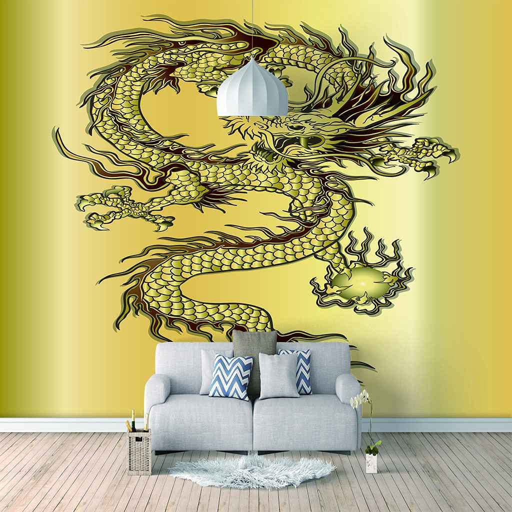 Poster géant dragon jaune 3D papier peint auto-adhésif pour salon
