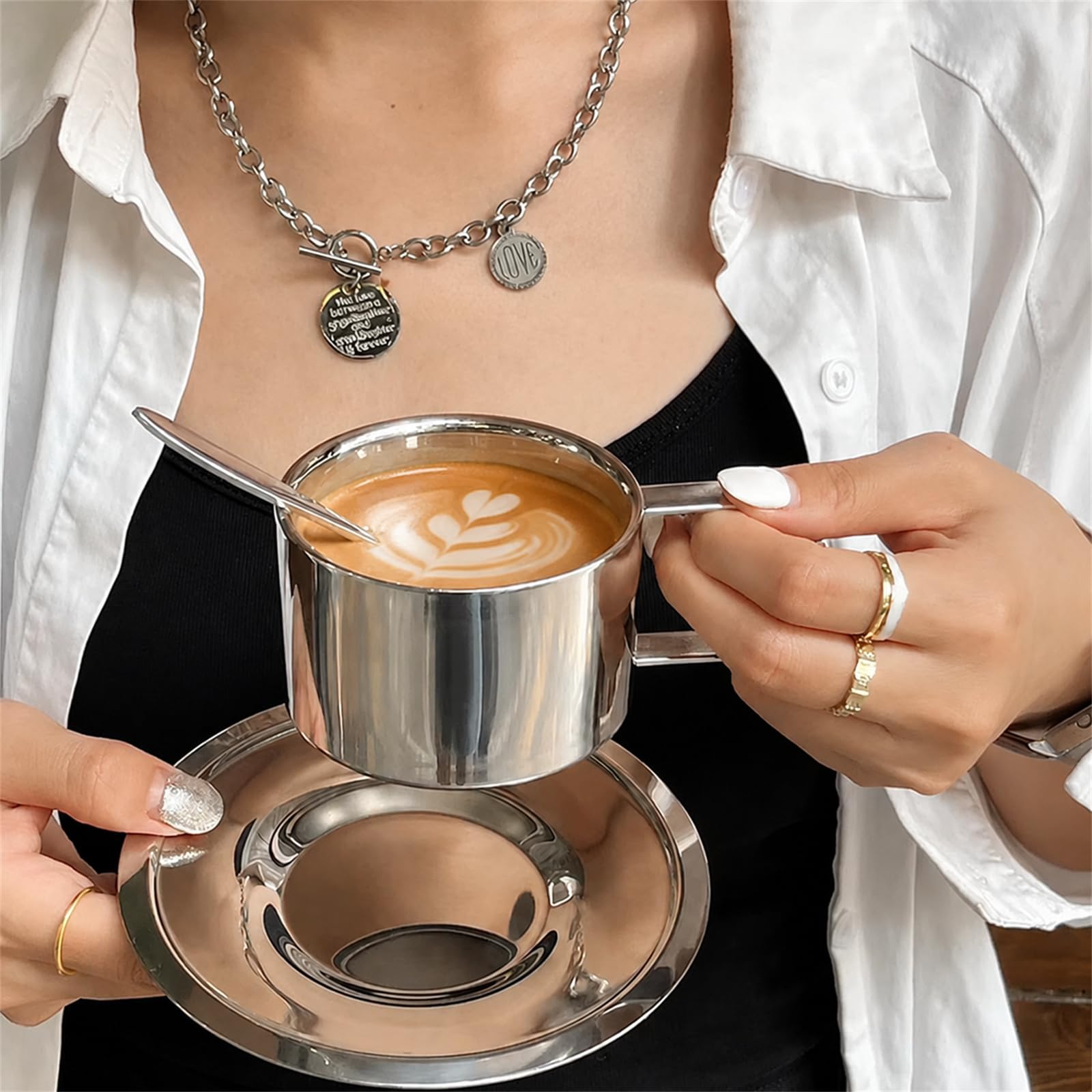 ZENFUN Zestaw 4 filiżanek do kawy ze stali nierdzewnej, kubki do espresso, kubki do kawy z podwójnymi ściankami, naczynia do latte, cappuccino, mleka, herbaty, 4 szt