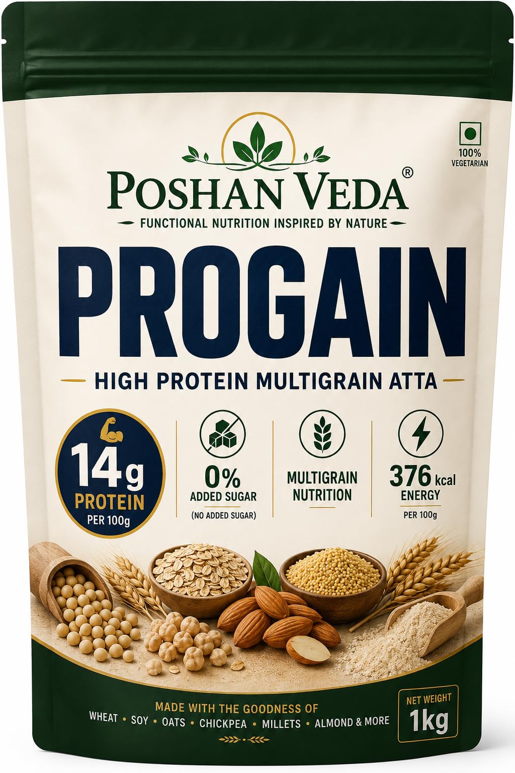 Poshan Veda ProGain High Protein Multigrain Atta | 14g Protein Per 100g | High Fibre Whole Grain Flour Blend | No Added Sugar | Multigrain Nutrition | Vegetarian | 1kg-image-14
