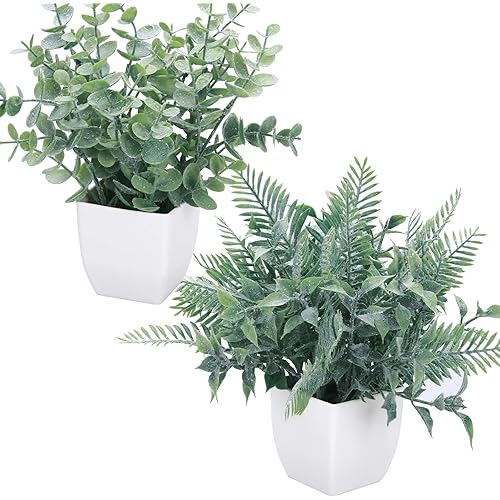 summer flower 2 Pack Small Fake Plants Potted Artificial Ferns Plant in White Pot Mini Faux Eucalyptus Plants for Home Decor Indoor Office Shelf Table Desk Farmhouse Bathroom Decorations