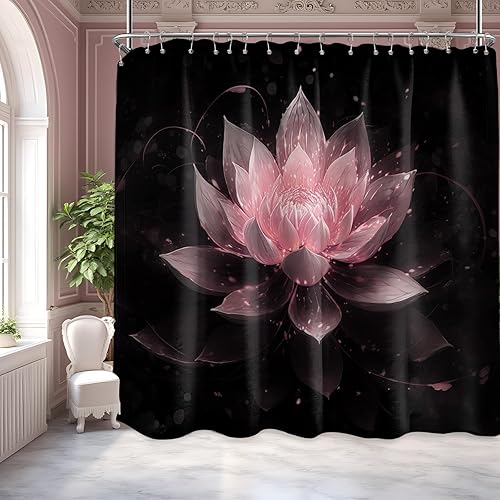 Miniatura 17 de Cortina de ducha negra y dorada con flores de loto amarillo dorado para juegos de decoración de baño, tela impermeable con ganchos, 70 x 72 pulgadas