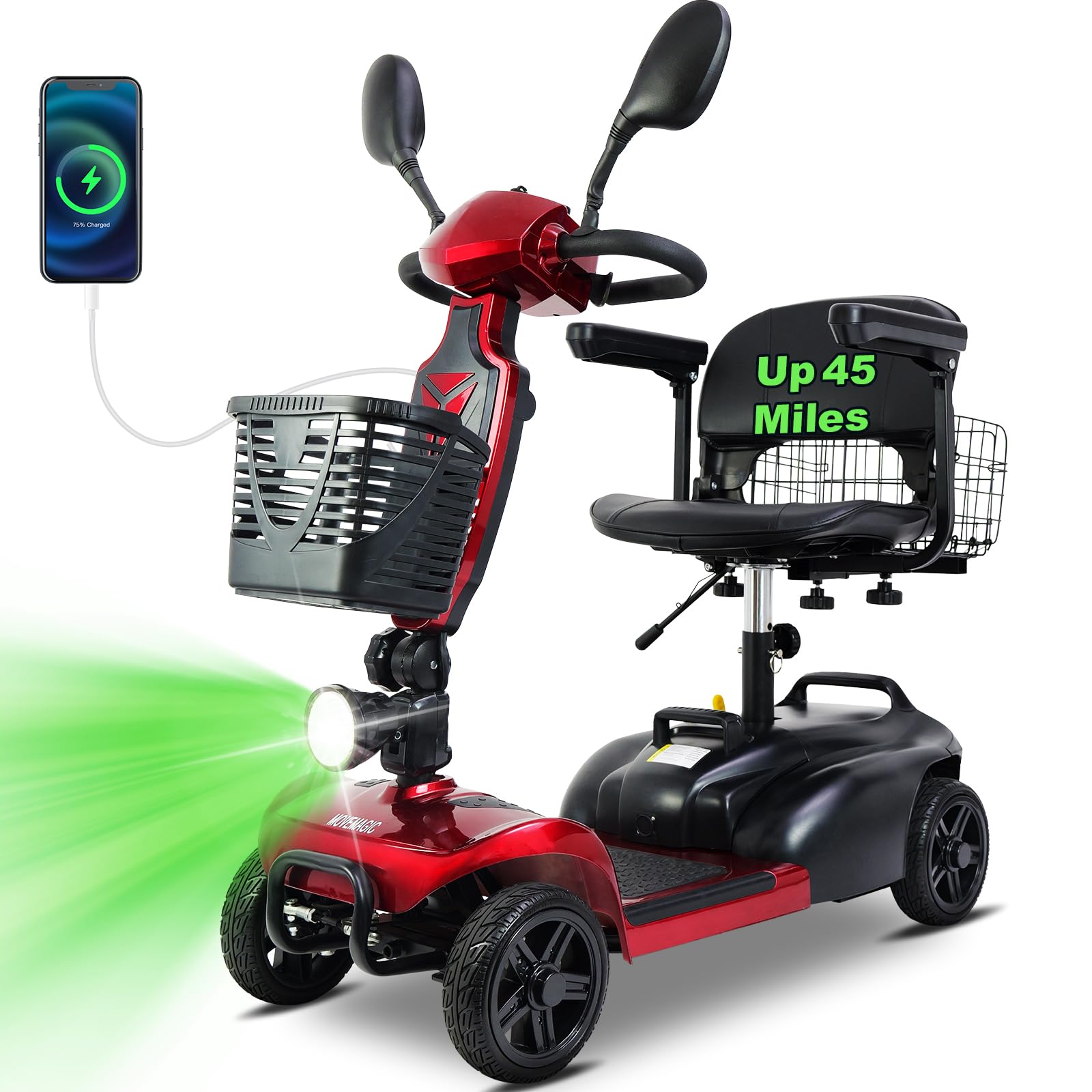 45-Mile Electric Mobility Scooter w/1080Wh Battery & 350W Motor, Foldable 4 Wheel Travel Scooter for Adults/Seniors, 300 lbs Capacity, 6.2 MPH Max Speed, Dual Baskets
