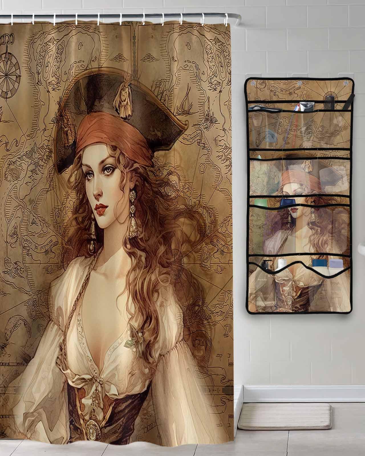 Shower Curtain Mesh Shower Organizer Hanging Set Pirate Girl Treasure Route Map Waterproof Shower Curtains with 10 Pockets