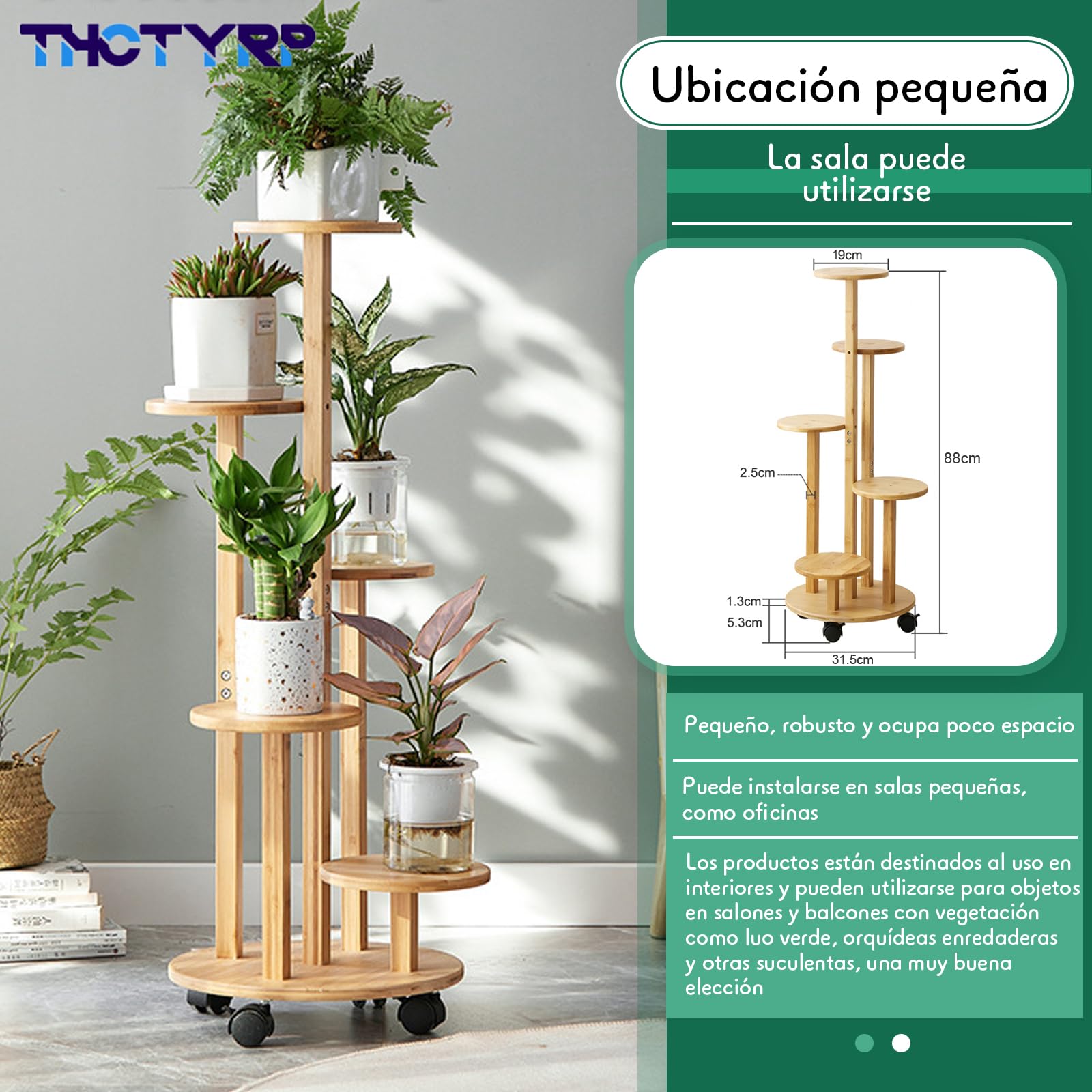 Soporte de flores de bambú alto y bajo, soporte para flores de disco, soporte para macetas de pothos con ruedas para balcón de sala de estar, soporte de flores de interior