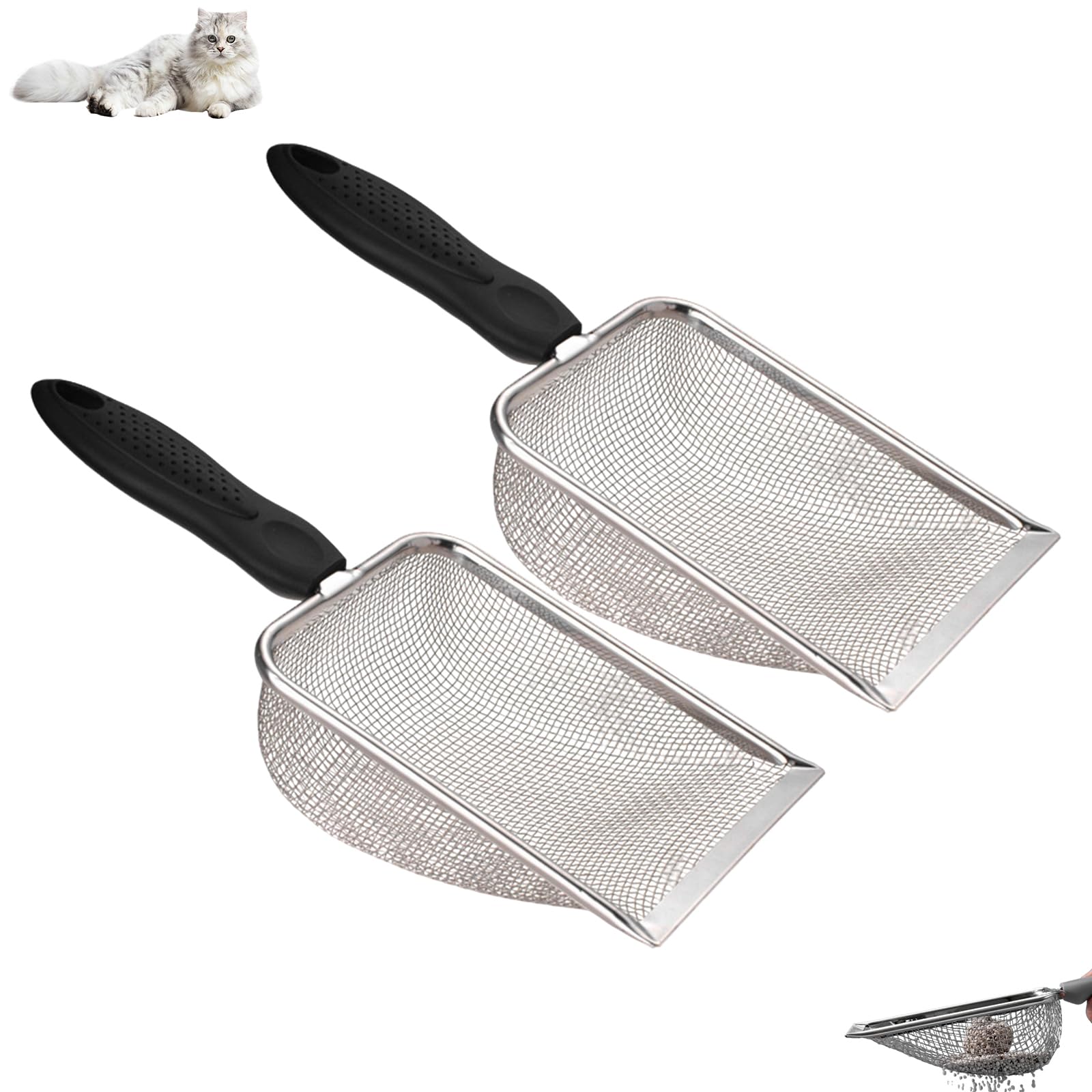 2pcs Cat Litter Scoop Stainless Steel Mesh Sifter Reptile Sand Scoop Shovel Pet Litter Sand Shovel for Cats Dogs Rabbits Hamsters Tortoise Lizard Reptiles Ergonomic Handle Durable Non-Stick Easy Clean