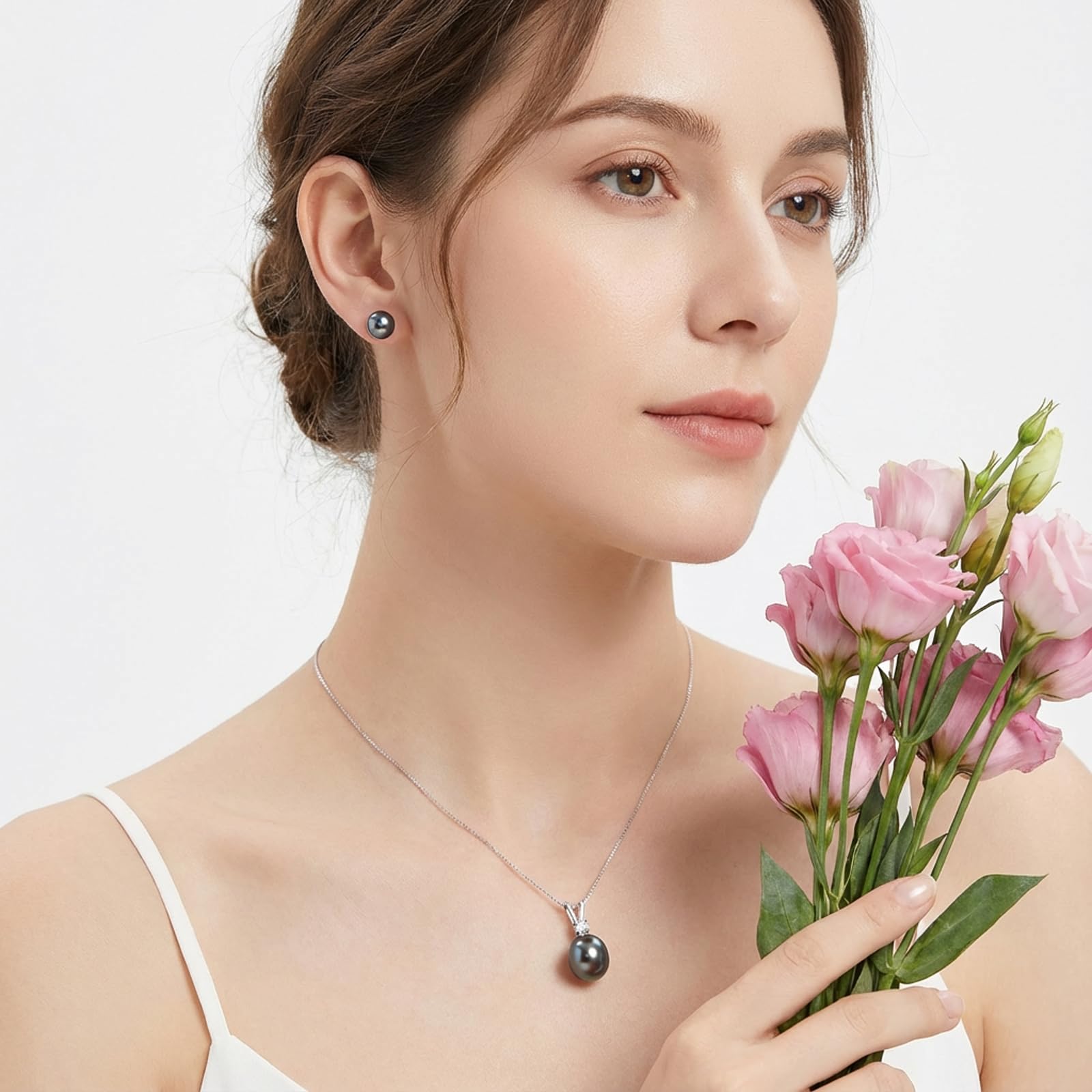 YAMI Perlenschmuckset für Damen, 9,5–11 mm AAAA Süßwasser-/Salzwasserperlenkette und 8–8,5 mm Perlenohrringe, Perlenohrringe Silber 925, Ideal für Geschenke