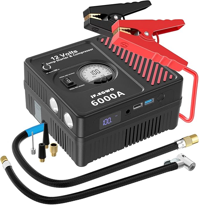 JF.EGWO 6000Amp Car Jump Starter with Air Compressor, 12V Safe Lithium