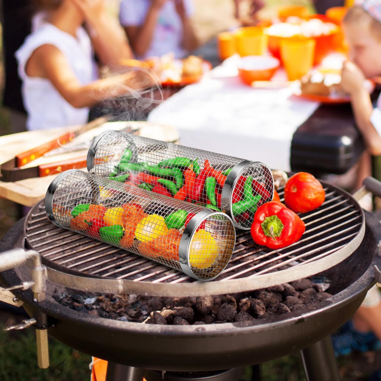 INOOMP 2 Sets Rolling Grilling Baskets for Outdoor Grill BBQ Net Tube Stainless Steel Large Round Mesh Rotation Barbecue Cylinder Cage Cooking Accessories for Veggies Vegetable Fish Meat Food Camping