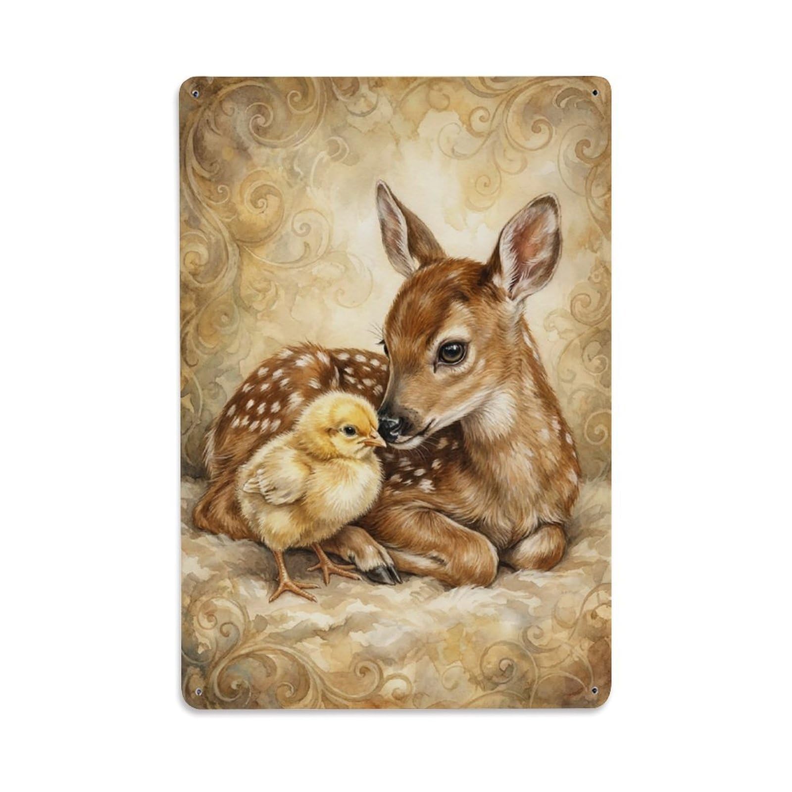 Vintage Animal Cute Fawn & Chick Animal Friendship Metal Tin Sign