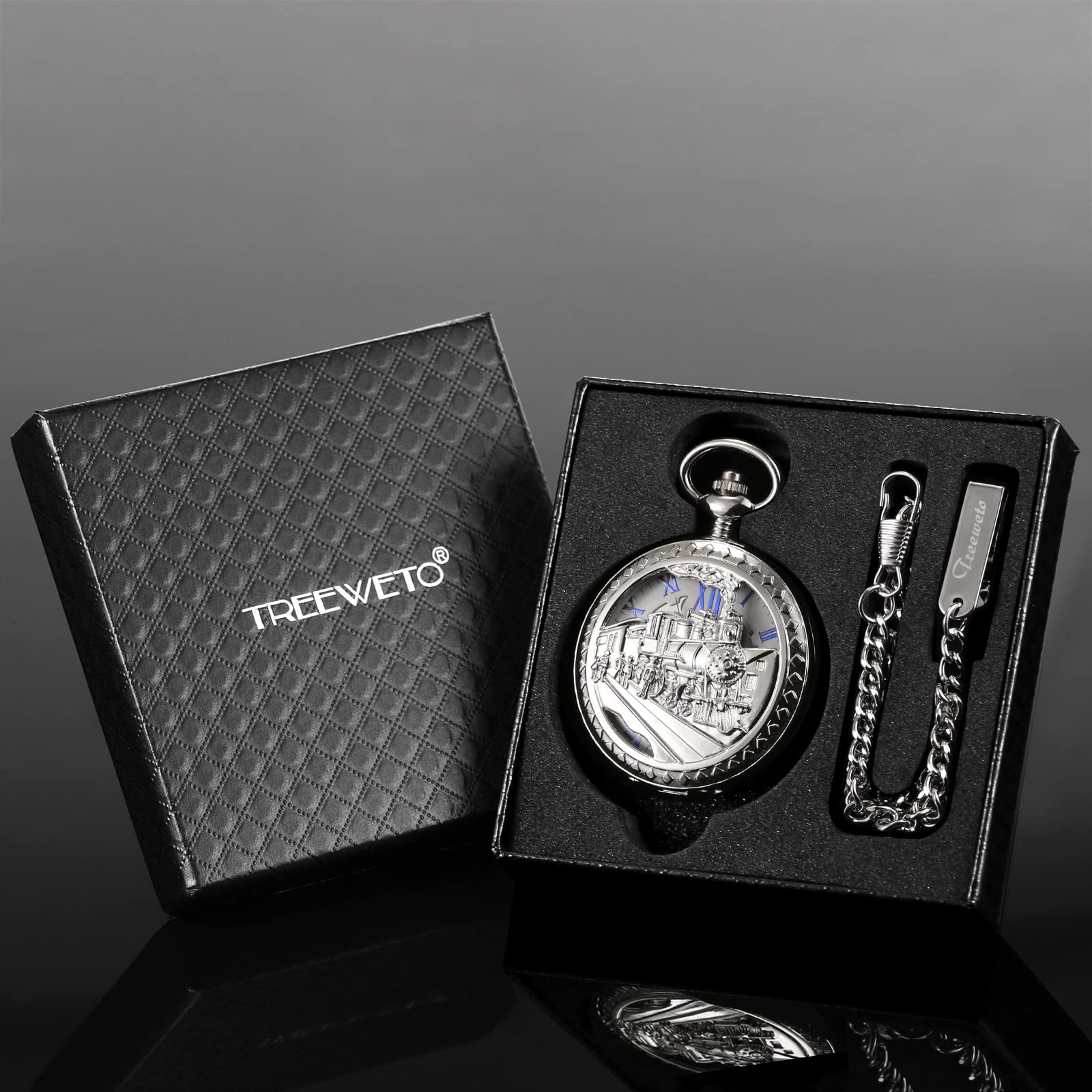TREEWETO Antique Mens Pocket Watch Skeleton Mechanical Hollow Bronze Case 3D Steam Train Railroad Roman Numerals