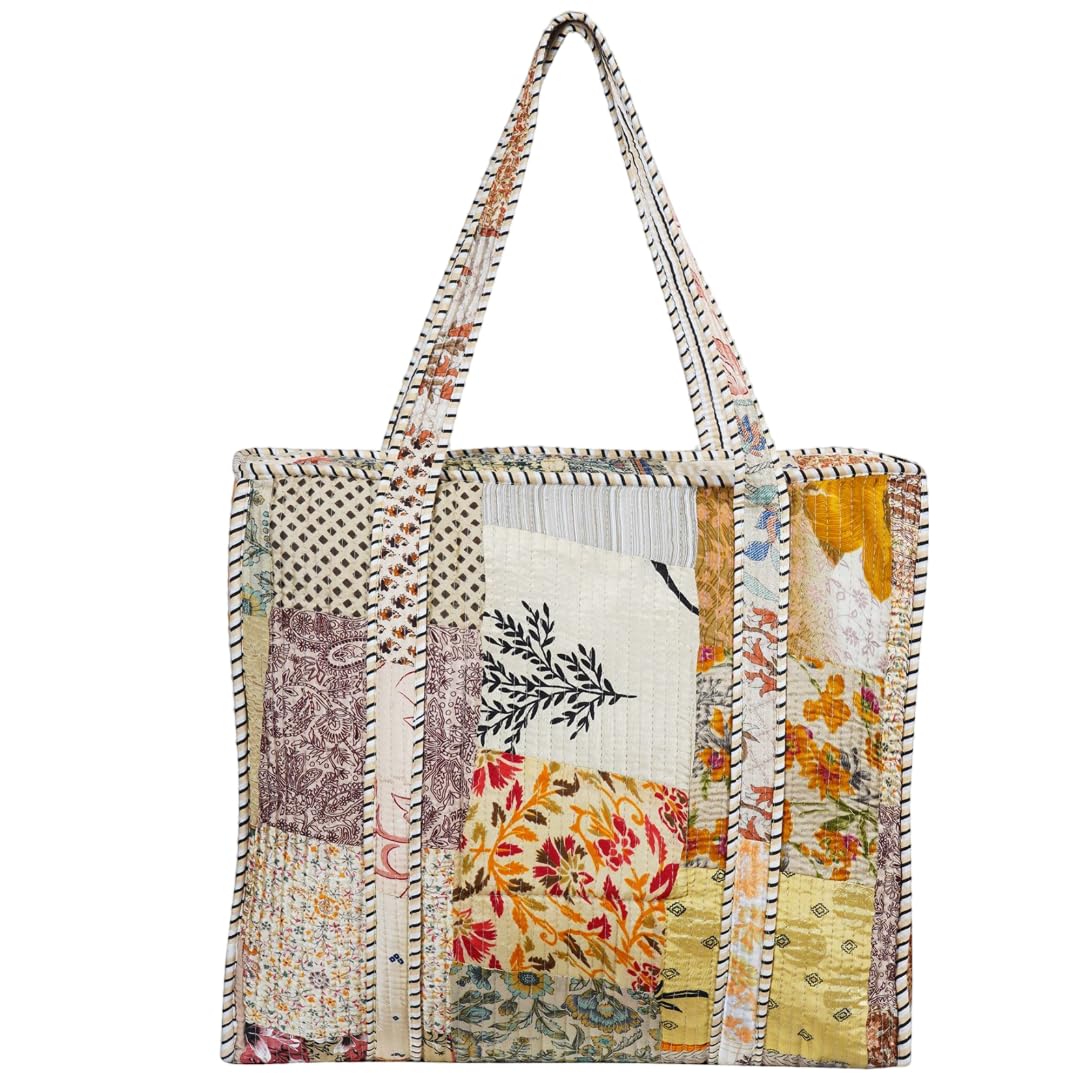INDACORIFY Quilted Tote Bag | Silk Printed Shopper Large Bag For Women | Indian Handmade Assorted Print Multi Print Bag With Zipper
