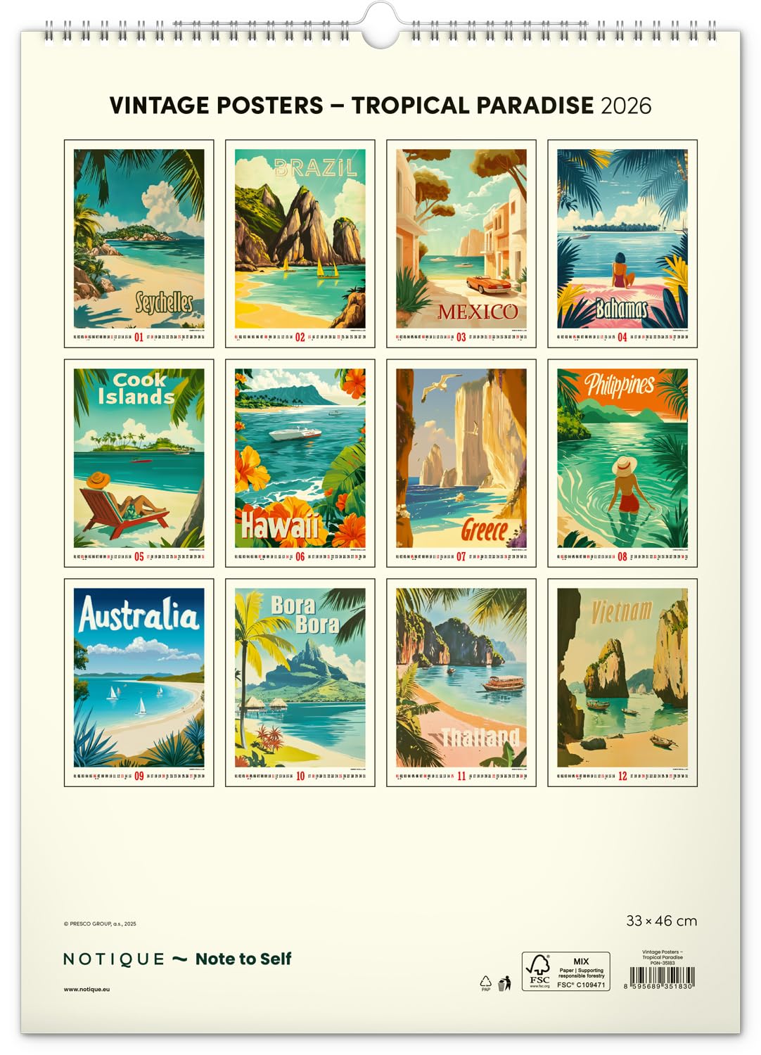 NOTIQUE Wandkalender 2026 Vintage Poster – Tropische Paradiese – Exotische Landschaften & Strandmotive – Bildkalender 33x46 cm