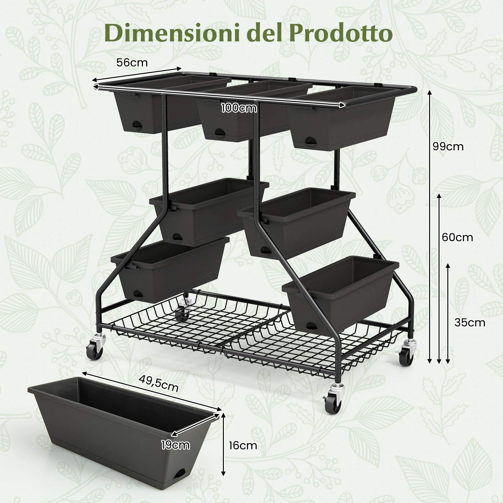 RELAX4LIFE Fioriera da Esterno, Scaffale Porta Piante con 7 Scatole, Fori di Drenaggio e Cesti di Stoccaggio, Supporto per Piante con Ruote Bloccabili per Balcone e Giardino