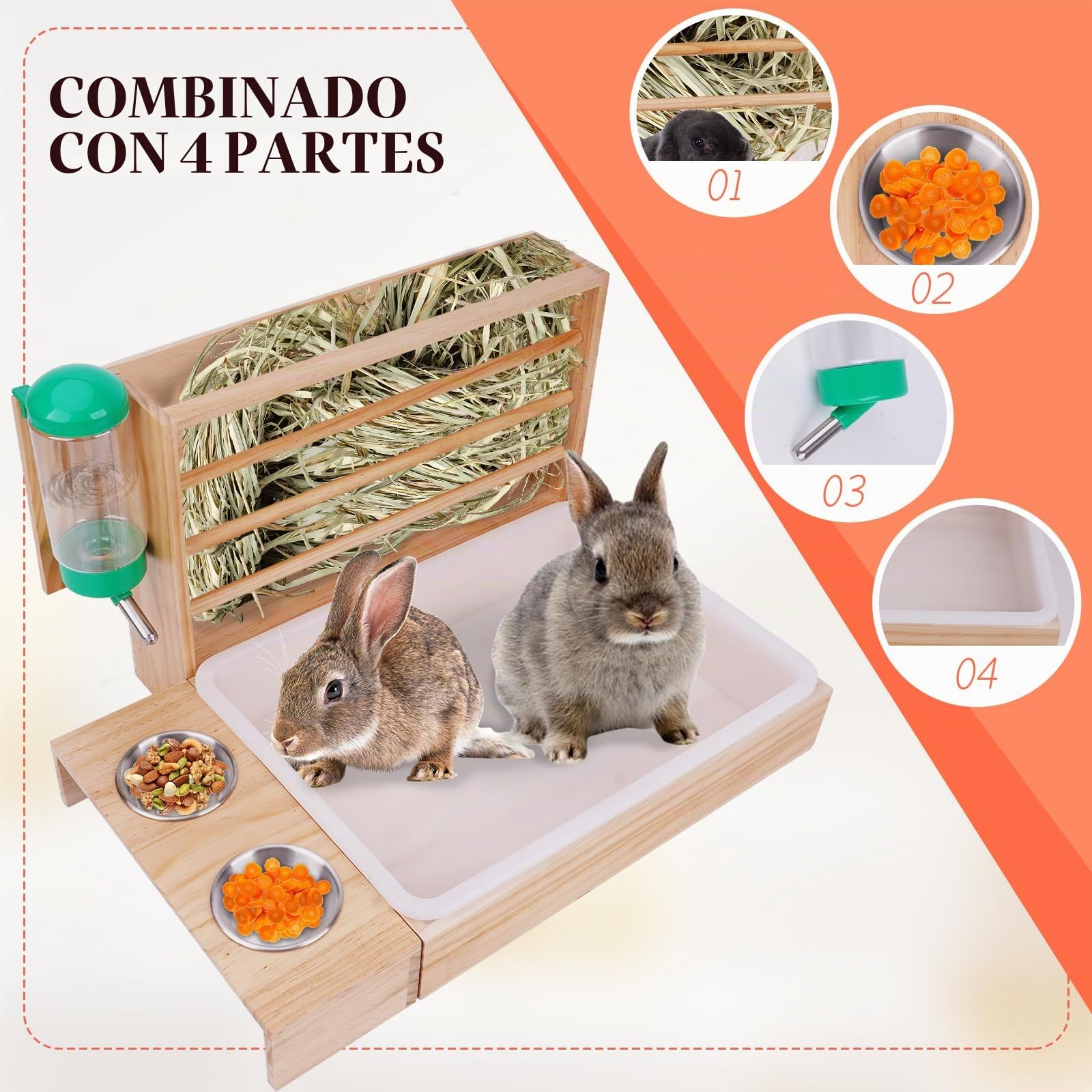 4 en 1 Comedero de Heno de Conejo Alimentador de Heno para Conejos con Bandeja de Arena Botella de Agua Cuencos de Comida de Hámster Comedero de Conejo Soporte de Heno para Mascotas Pequeñas