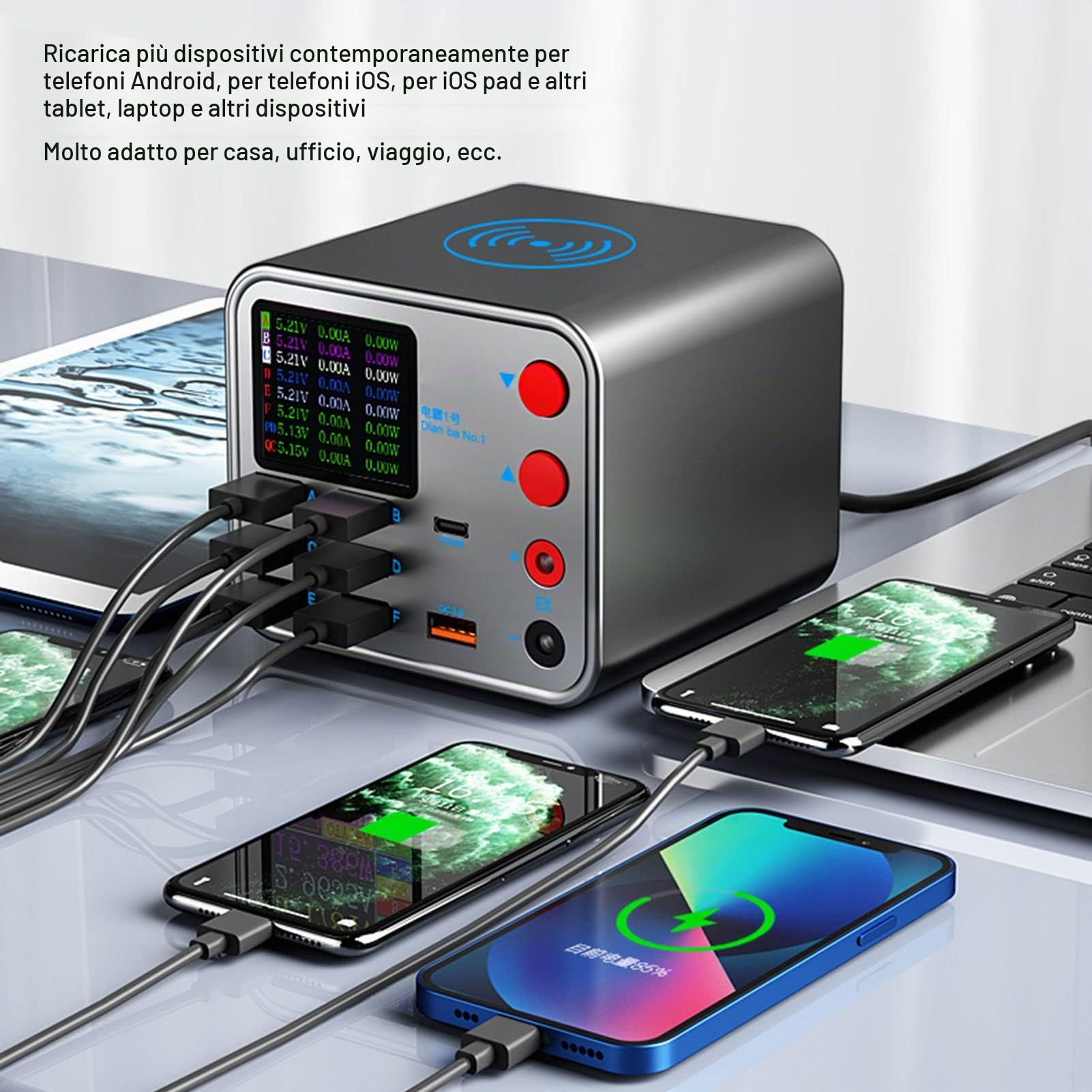 Stazione di Ricarica USB - Hub USB a 8 Porte - CaricatoreWireless - Adattatore di Alimentazione per Telefoni e Tablet