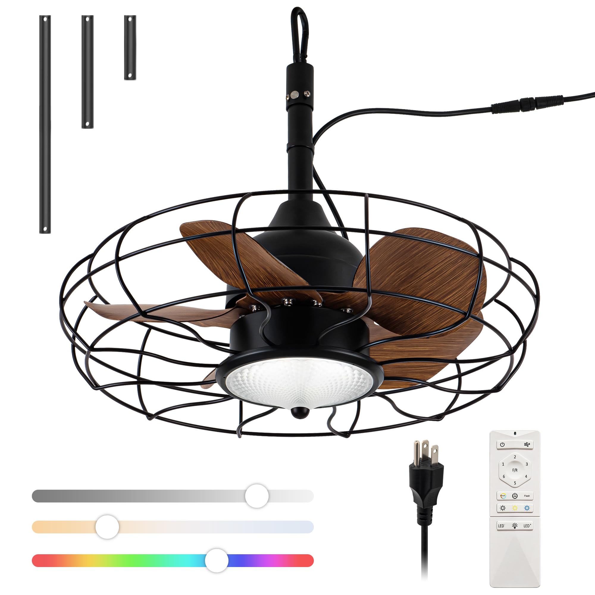 Gazebo Ceiling Fan with Lights, 20'' RGB Outdoor Waterproof Plug In IP65 Fan, Wet Rated with Dual Lighting System with Remote, 7-Color RGB & 3-Color Dimmable LED, Easy Hanging with Hook for Patio