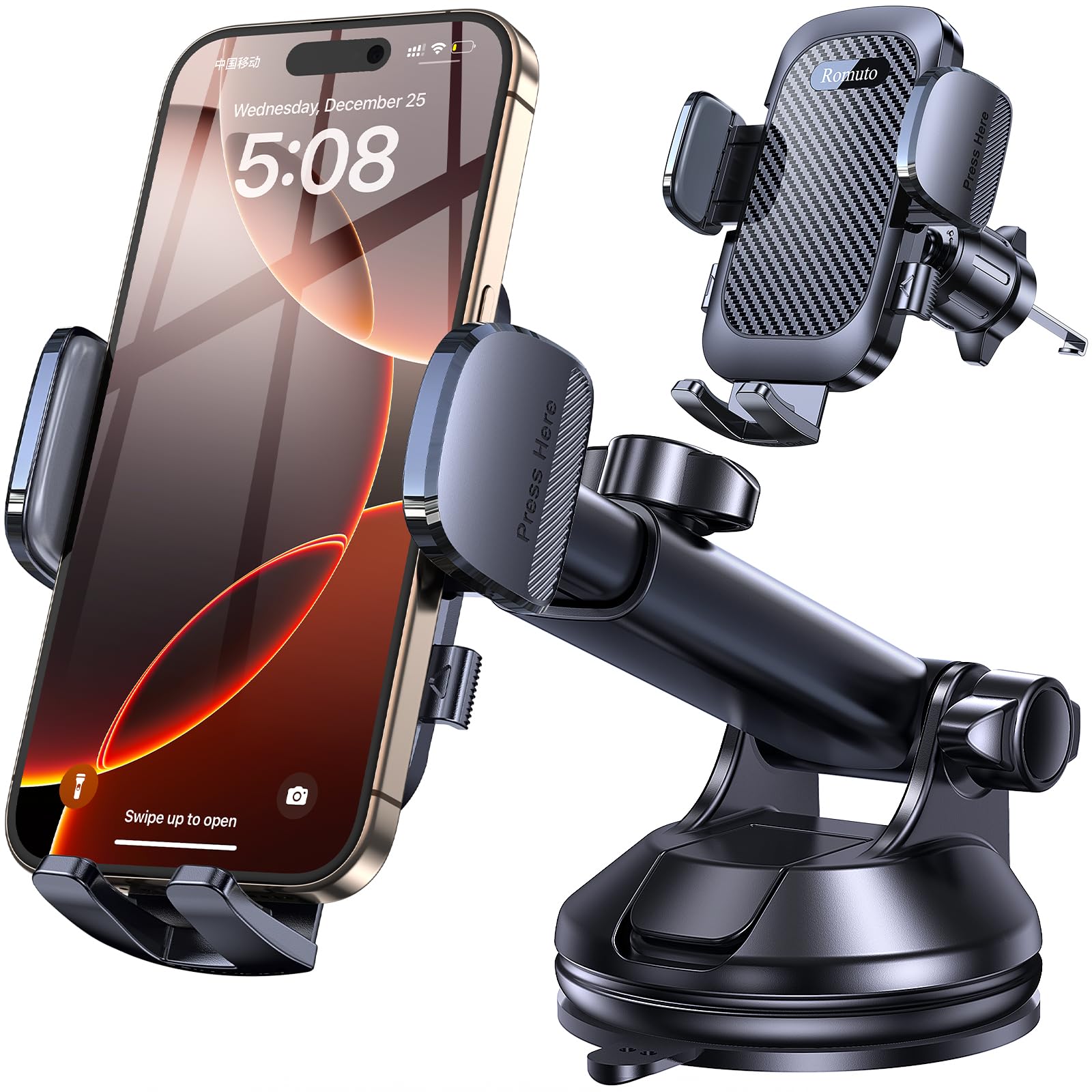 Romuto Car Phone Holder Mount【2025 Strongest Suction】Phone Mount for Car Cell Phone Holders for Your Car Accessories for Women Men Dashboard/Windshield/Vent/Shower Wall Mounts Truck for iPhone Samsung