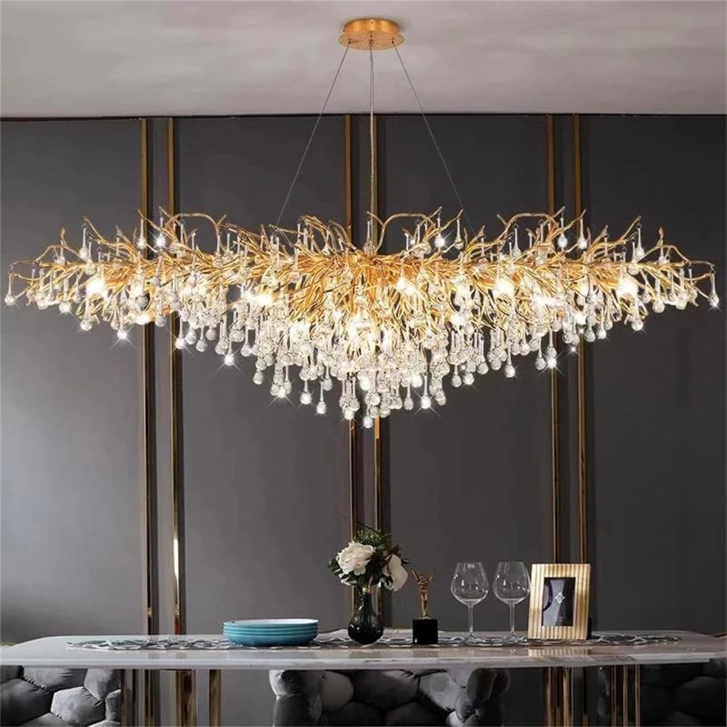 MESOVFCA Gold Modern Crystal Tree Branch Chandelier, 10 Lights Large Art Deco Linear Rectangle Raindrop Indoor Light Fixture for Kitchen Island Living Room Foyer Staircase,L100cm
