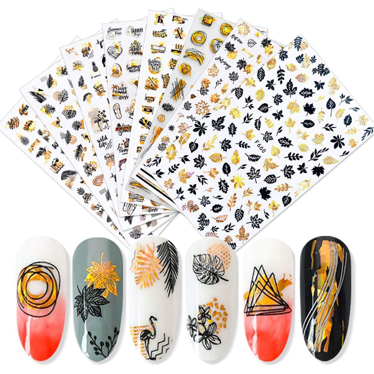 BFY Fall Nail Art Stickers Decals, 8 Large Sheets 5D Embossed Bronzing Fall Maple Leaf Black and White Nail Sticker Set Nail Art Supplies for Women, Self-Adhesive Nail Foil DIY Nail Art Decorations