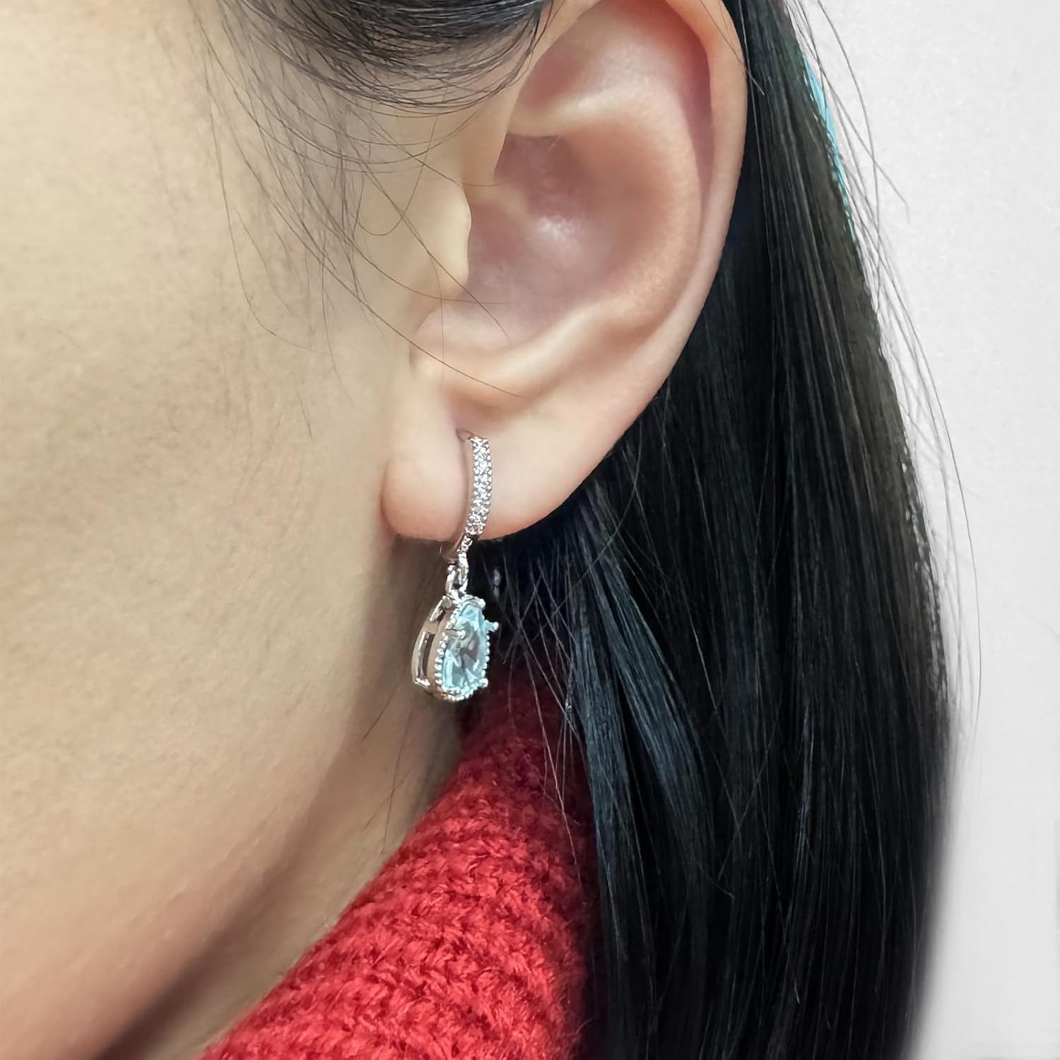 Teardrop Aquamarine Hoop Earrings Sterling Silver Dangle Light Blue Earrings for Women - Image 4