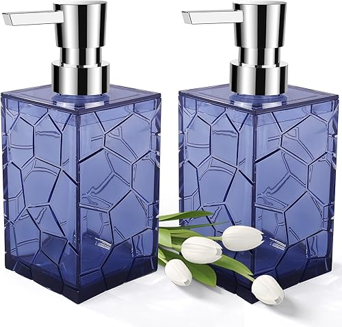 Paquete de 2 dispensadores de jabón azul transparente dispensador de loción de jabón de manos de plástico acrílico con bomba para baño y cocina