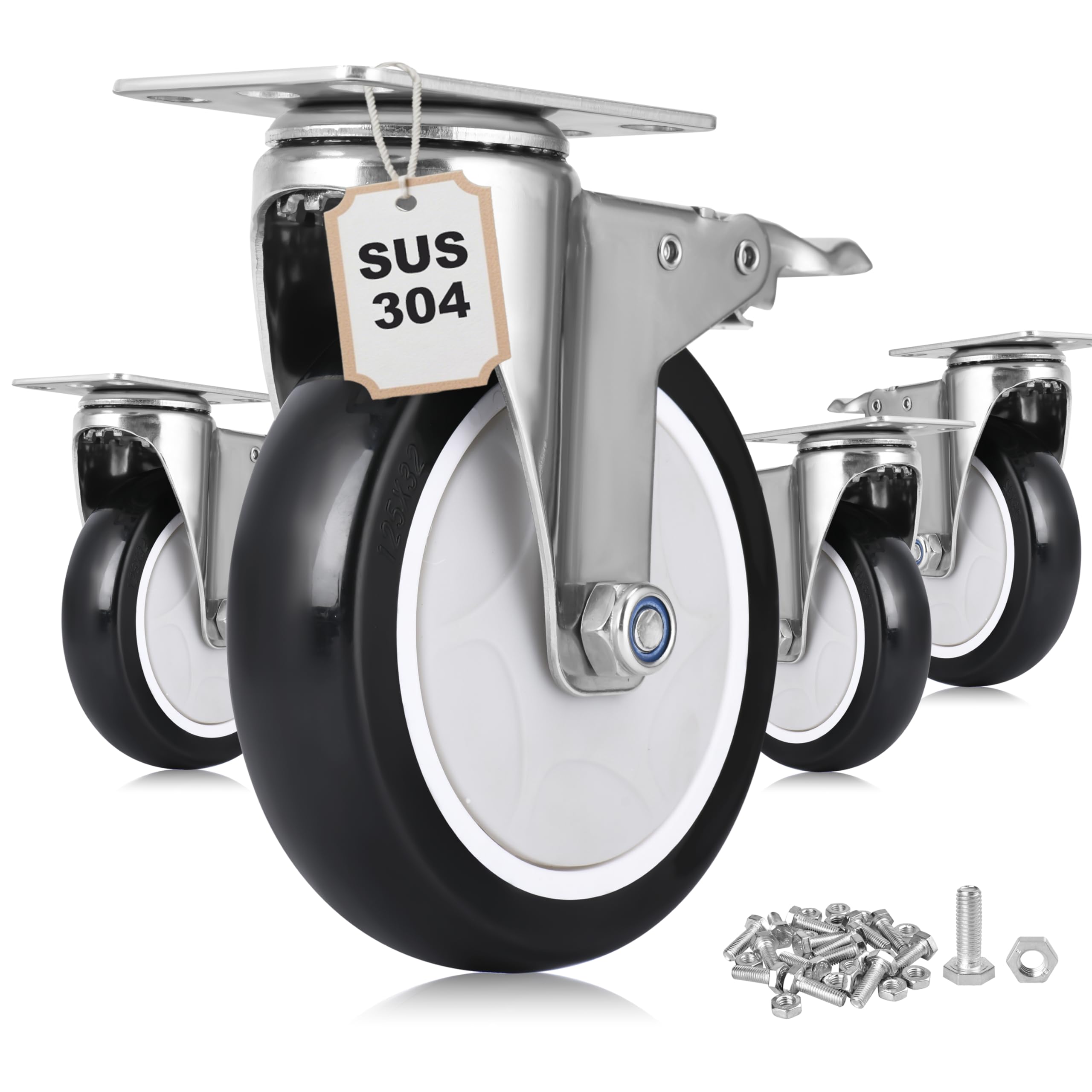 Moogiitools SUS304 Stainless Steel Caster Wheels with Brake,Polyurethane (PU) Rust-Proof Heavy Duty Casters Set of 4,Anti-Corrosion Industrial Castor