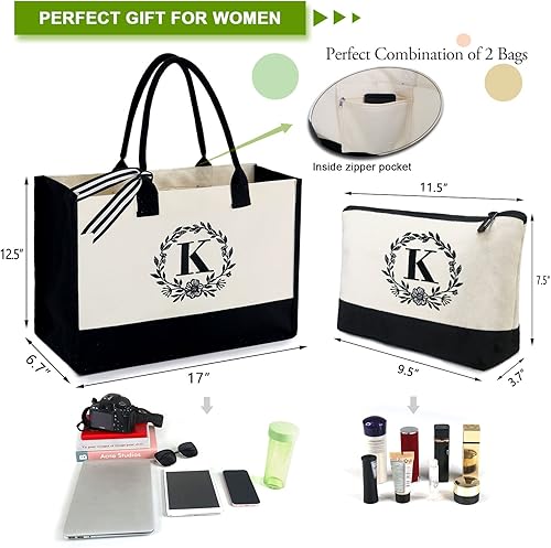 Miniatura 9 de BeeGreen Bolsa de lona con inicial con bolsa de maquillaje, regalos personalizados para mujeres, amigas, profesoras y madres, negro y blanco, Letra A