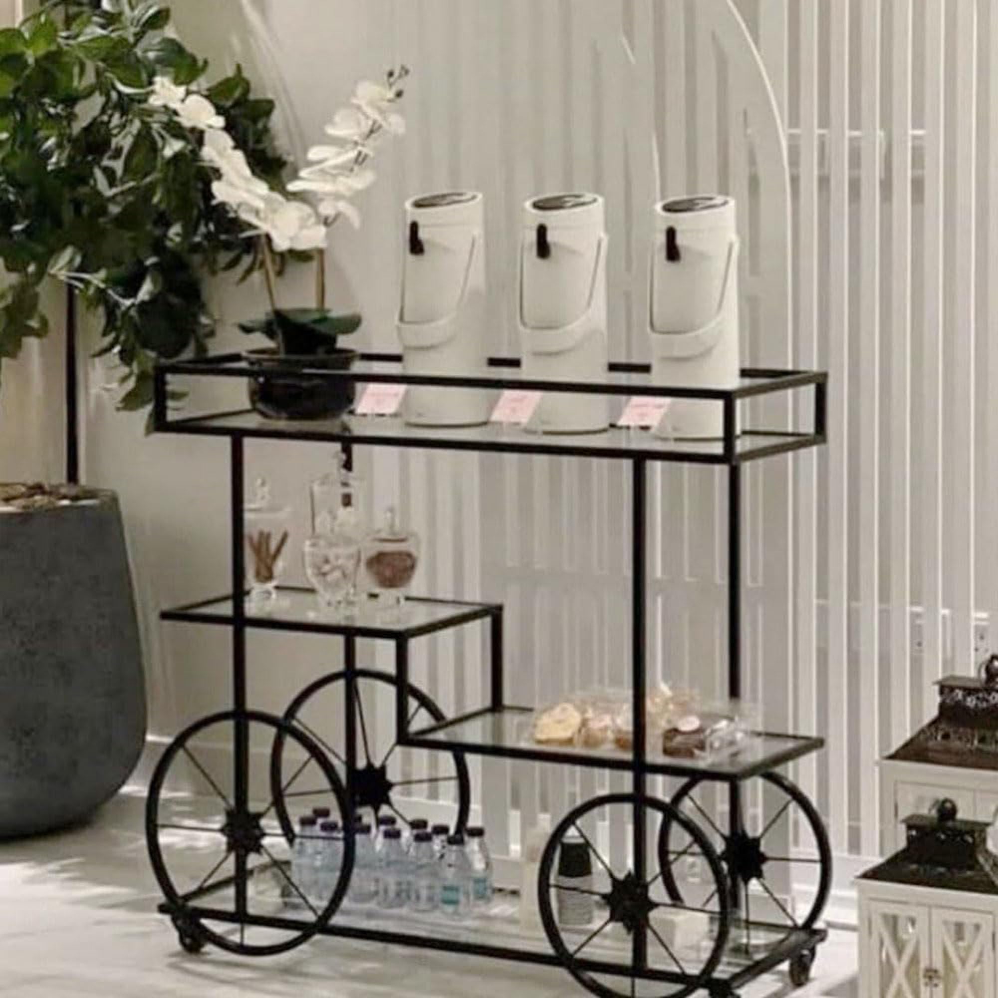 LINGWEI Metal Serving Trolley with Clear Glass Shelves Black 80x40x90cm | LINGWEI Luxury Metal Serving Cart with Glass Shelves Food Serving Trolly For Home, Bar, Cafe, 1.3cm Thick Metal Frame