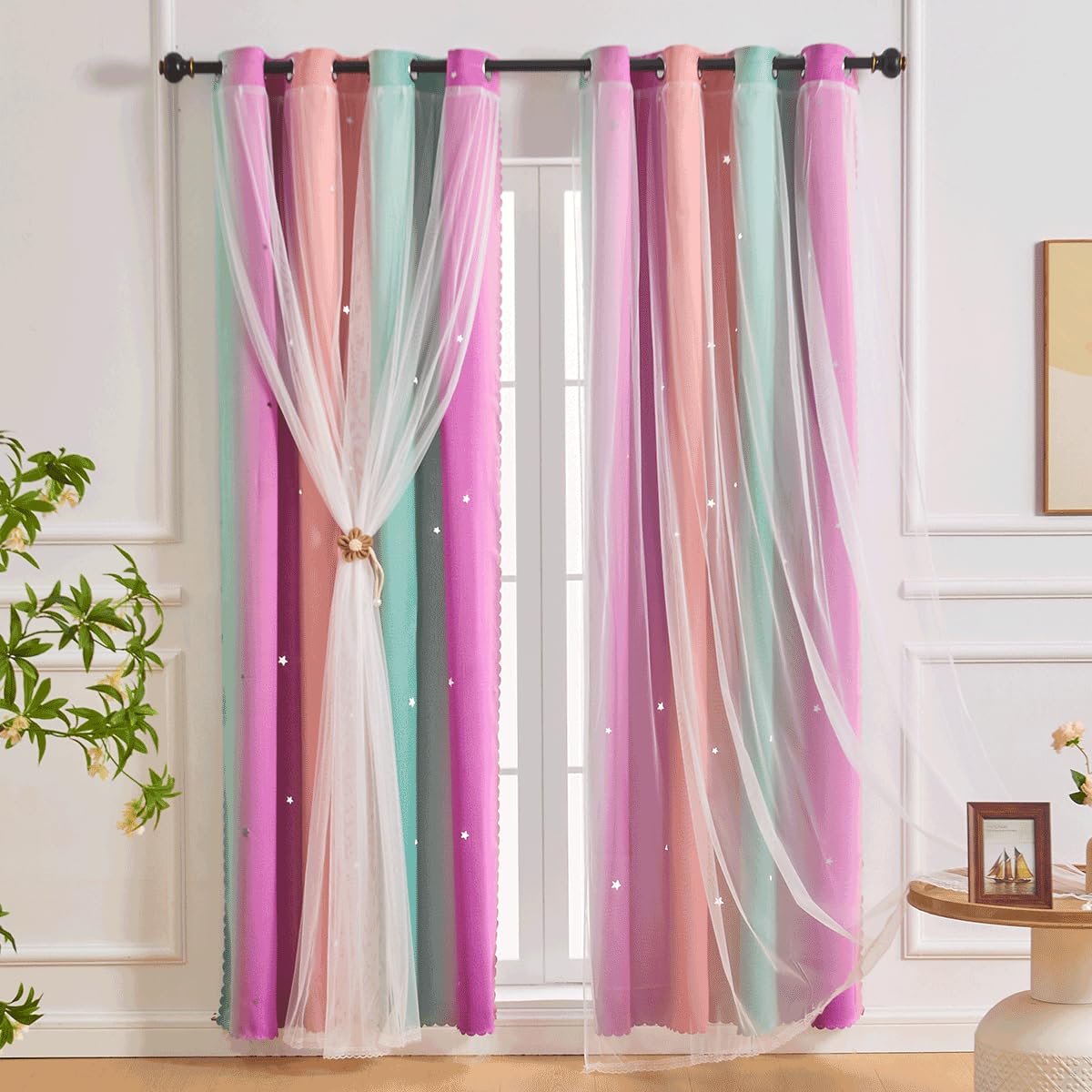 SeseBee Cortinas de 2 Piezas para Habitación Infantil, Cortinas Estrellas para Habitación Bebé, Decoración de Habitación de Niña (Rosa Púrpura Azul, 132An x 182Al cm)