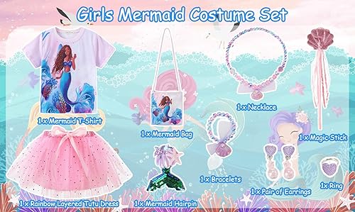 Miniatura 3 de Disfraz de sirena de cumpleaños para niñas, vestido de sirena con bolsa, varita, horquilla, collar, aretes, pulsera, anillo