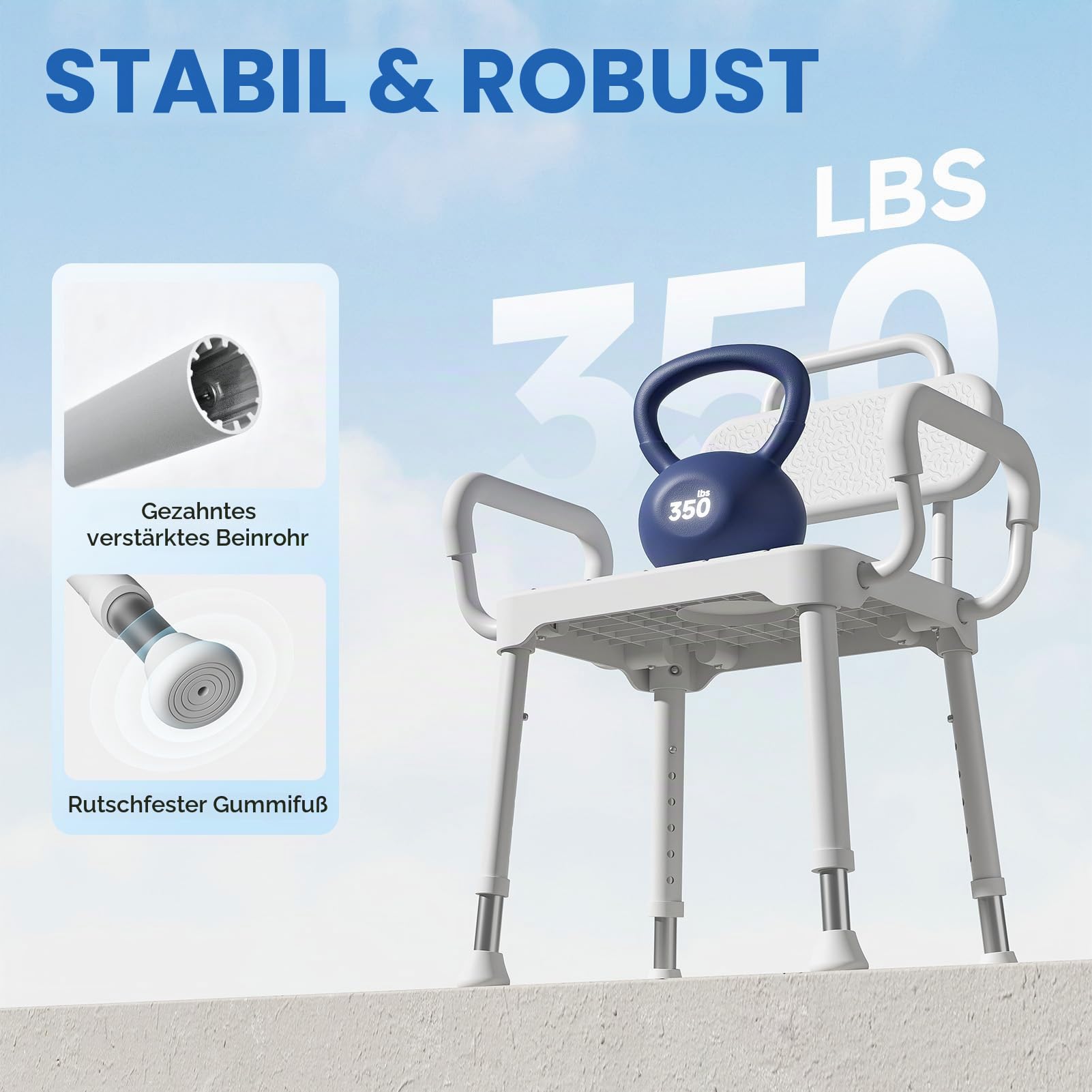 Loyoda Duschstuhl Senioren mit Rückenlehne, Armlehnen & Aluminiumrahmen | Höhenverstellbar, rutschfeste Füße, abnehmbare Rückenlehne & Armlehnen, rostbeständig, bis 159 kg belastbar, Neutralgrau