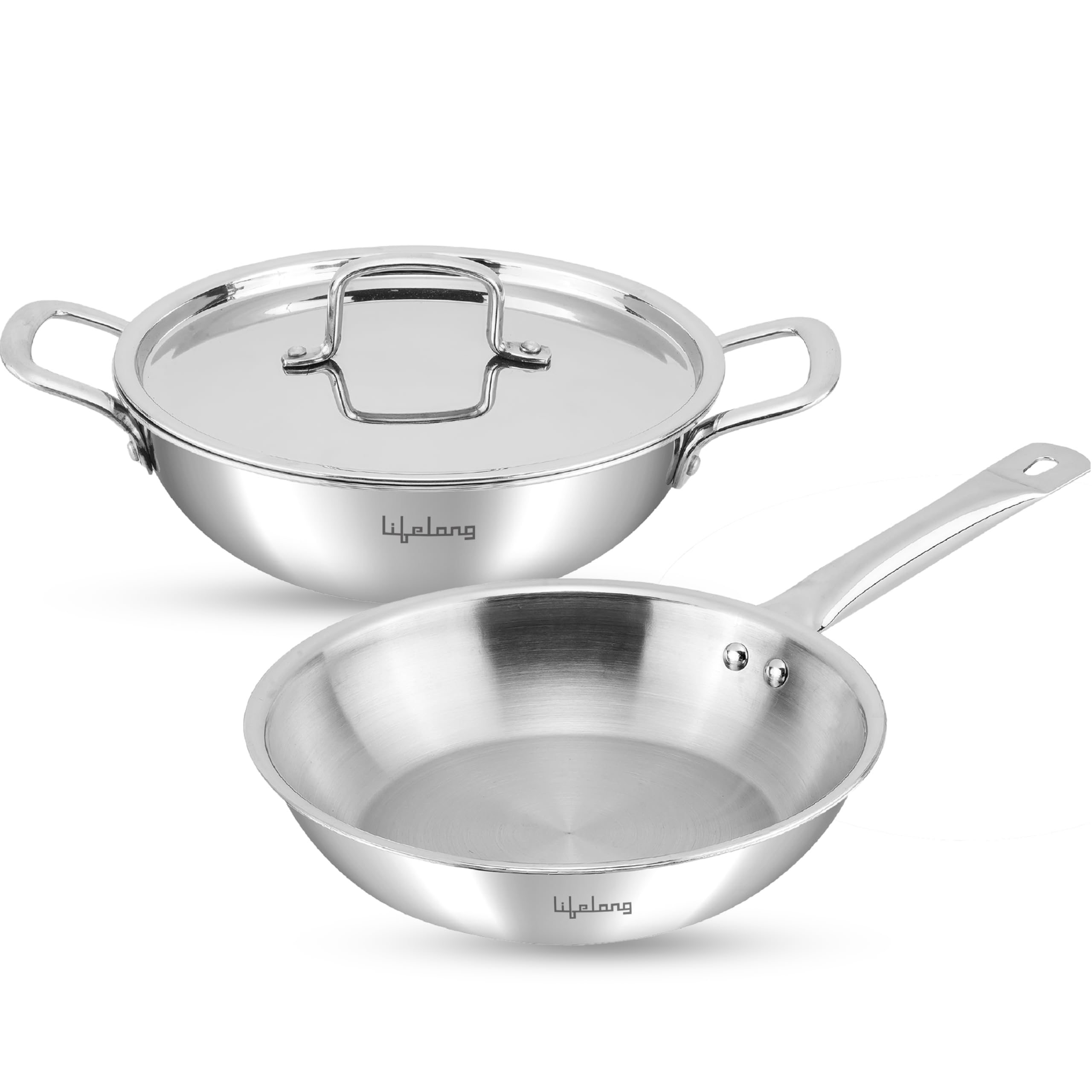 Lifelong Triply Cookware Combo of Two | 20cm Fry Pan (1.2L) & 20cm Triply Kadhai (1.7L) with Common Steel Lid | Soft Touch Handle | Even Heat Distribution | Induction & Gas Stove Compatible (Silver)-image-37