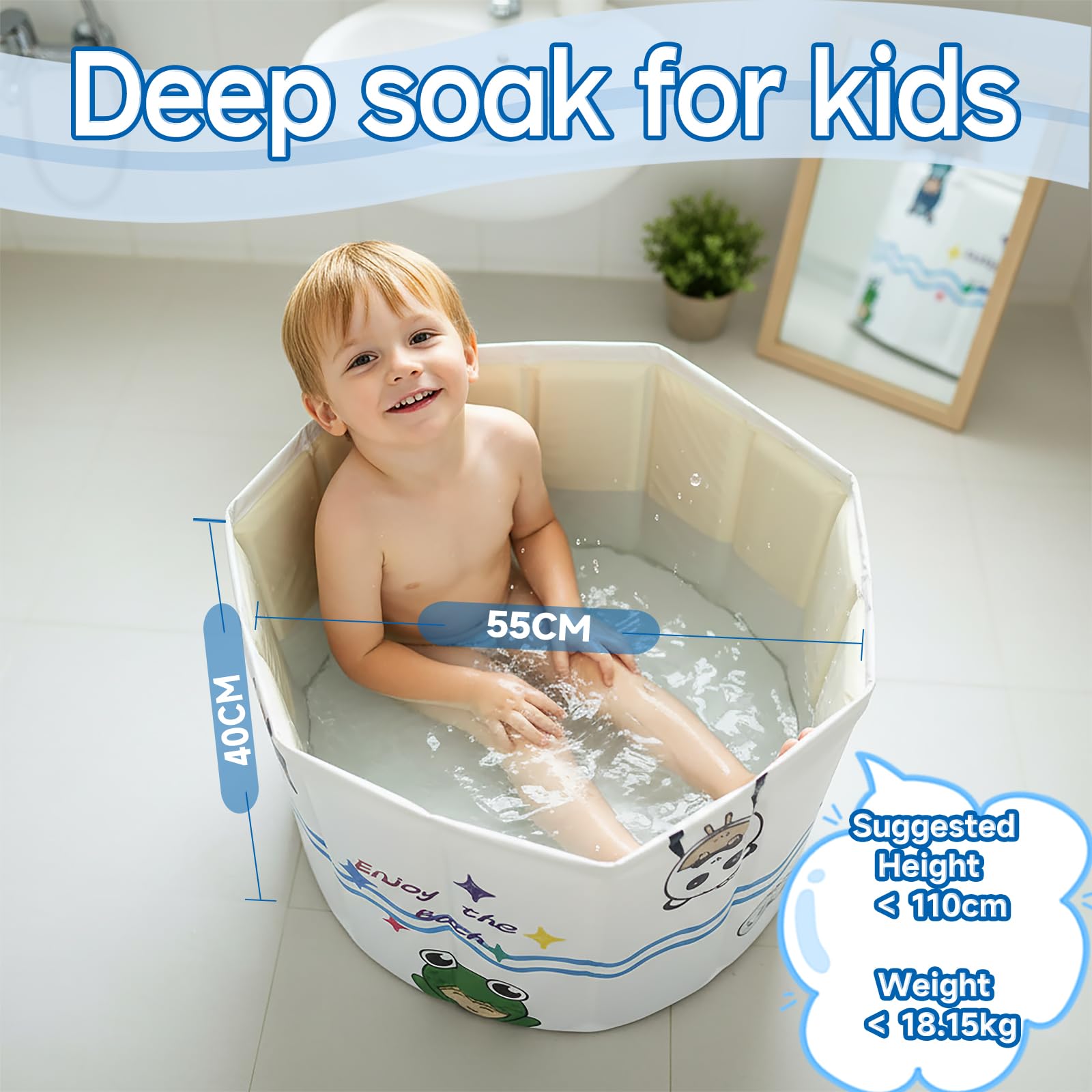 Vasca da bagno pieghevole per bambini con fiore per doccia, design con mostro dei cartoni animati, vasca da bagno portatile con anatra giocattolo