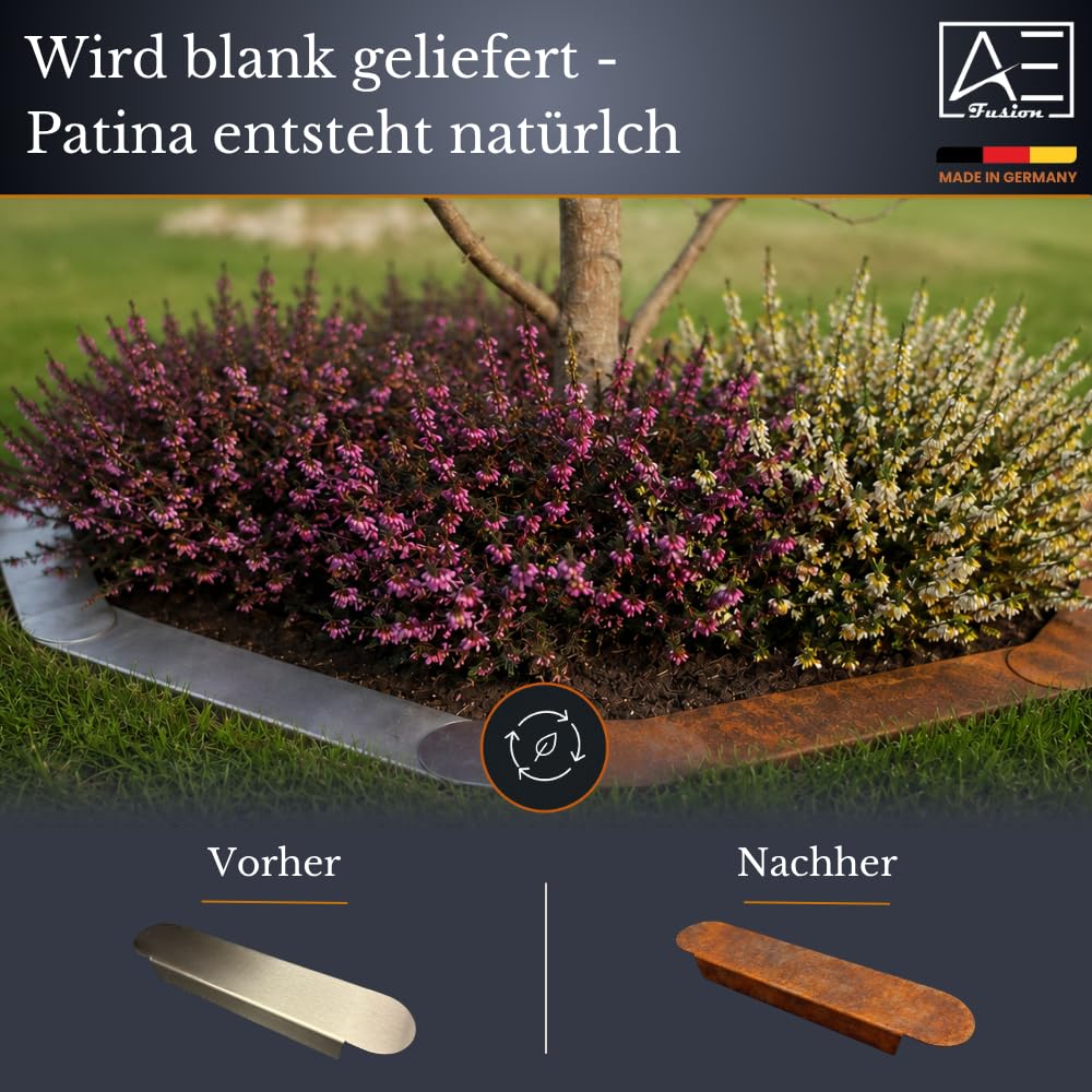 Rasenkanten Mittelstück 10er-Set flach | Beetbegrenzung Metall 400×80×40mm | Rasenkante Metall | Cortenstahl/Edelstahl V2A | Beeteinfassung Mähkante | Made in Germany