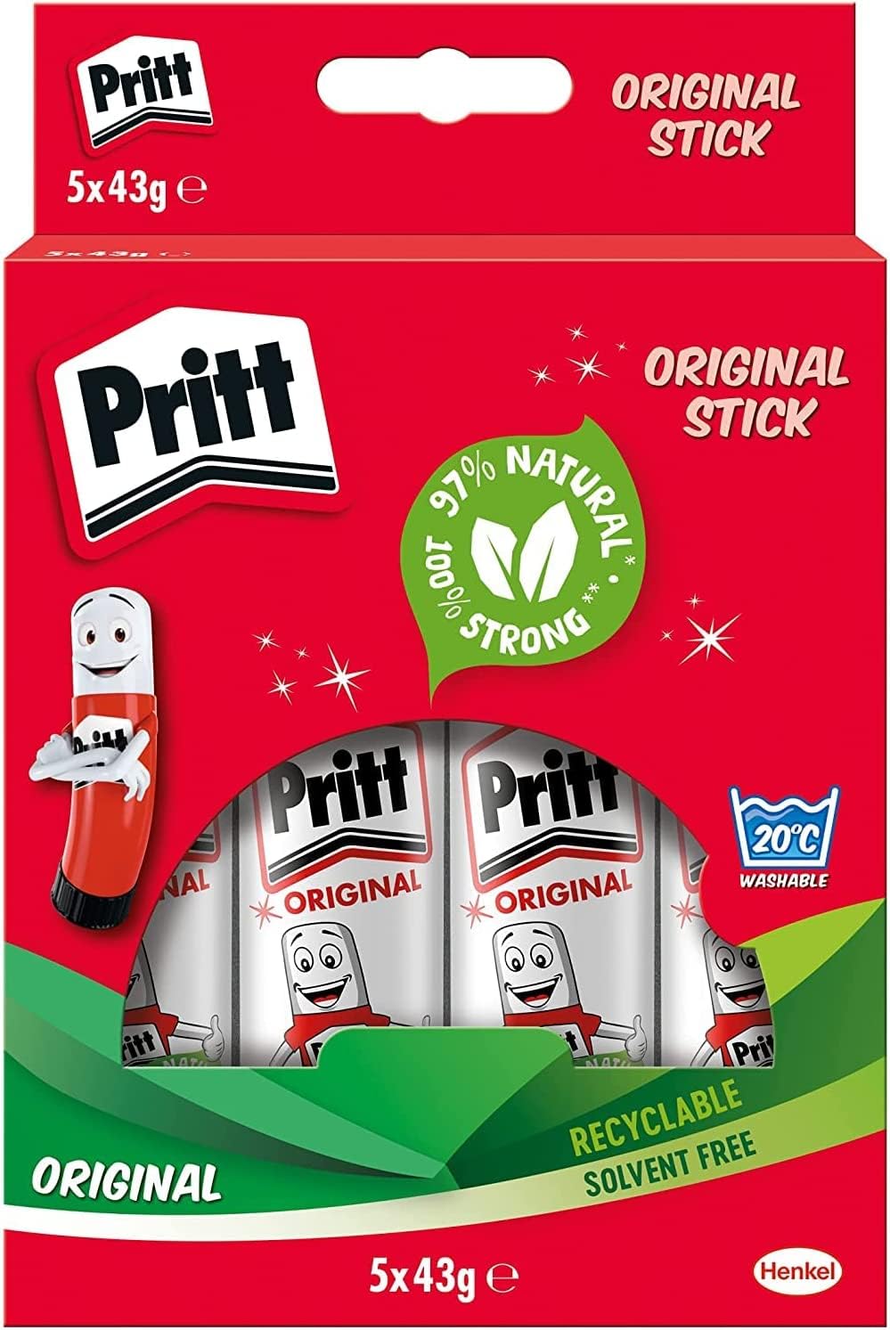 Pritt Glue Stick, Natural Craft Glue for Arts & Crafts, 5 x 43 g