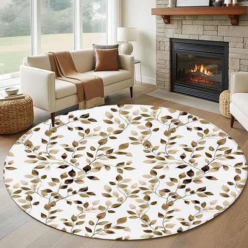 Round Rugs 6ft, Gray Eucalyptus Leaves Non-Slip Area Rugs for Living Room Bedroom Entryway, Summer Botanical Watercolor Retro Washable Carpet Runner