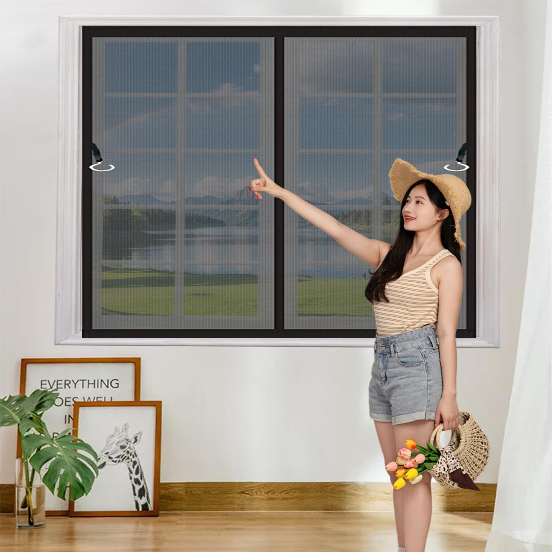 Moustiquaire de fenêtre magnétique 96x82 cm pour balcon noir