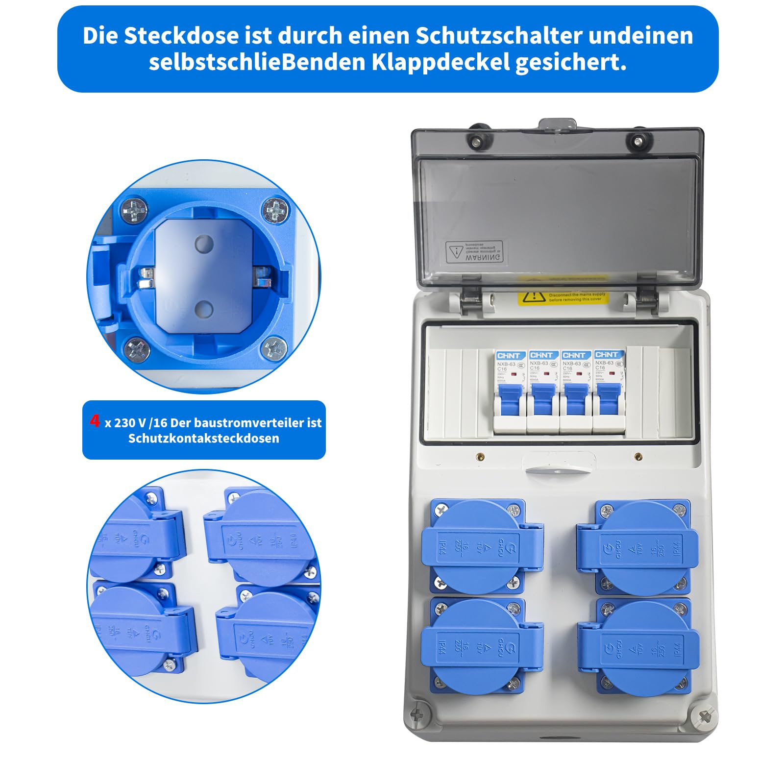 Baustromverteilerkasten 16A, 230V Stromverteiler, Wandverteilerkästen IP65 Baustromverteiler, Schalter Steckdose Aufputz, Starkstrom Verteiler, Aufputz Verteiler für Indoor/Outdoor-Bereich