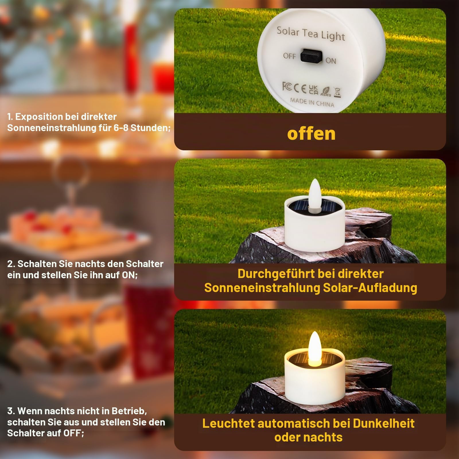 HL Solar Teelichter für Außen Wasserdicht,Flammenlose Solarkerzen,Solar licht outdoor Dusk To Dawn solarlichter Wiederaufladbar LED Flackernd für Garten Party Tisch Deko(Warmweiß 12 Stück 3.8cm)