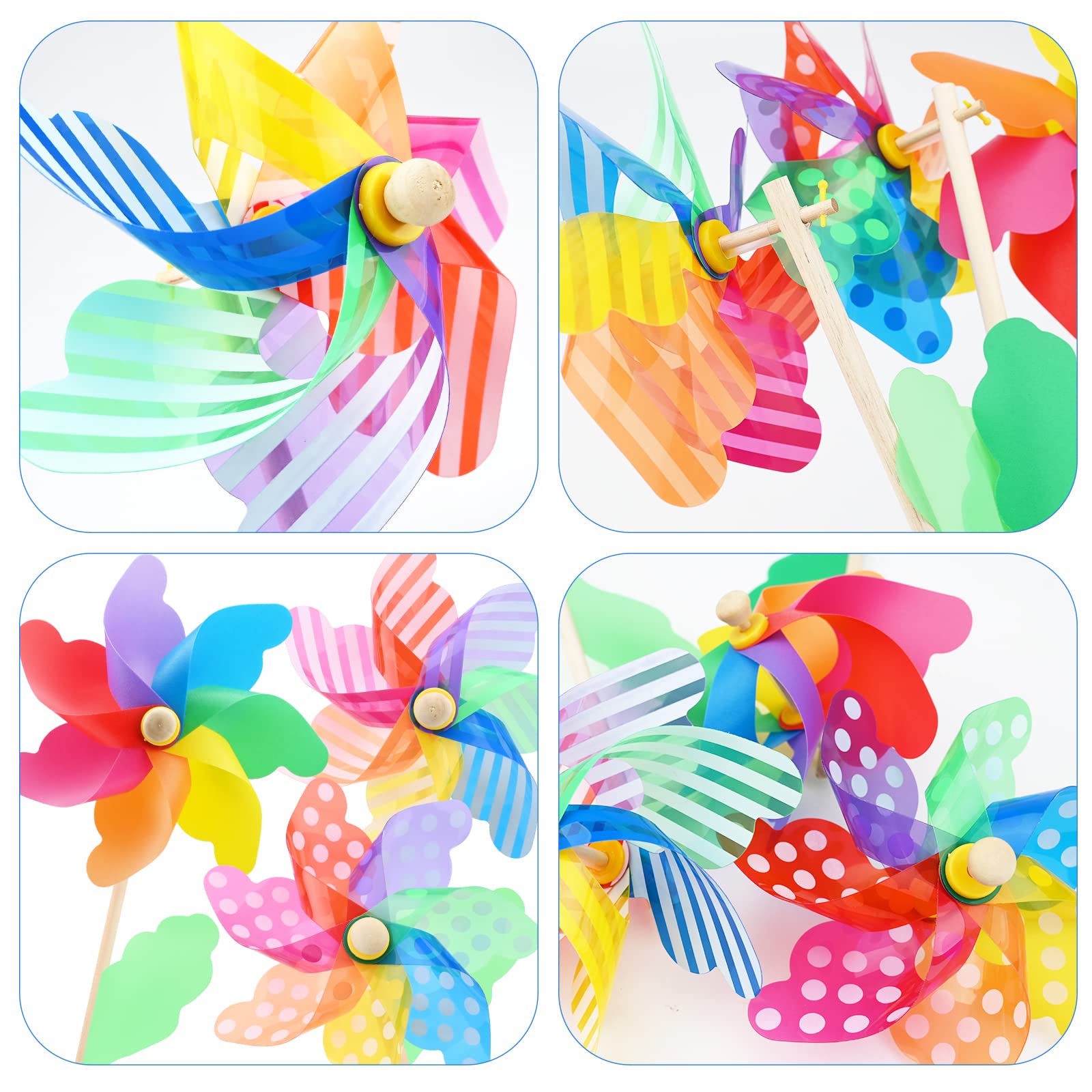6 Pieces Colorful Rainbow Pinwheel 40cm/15.75inch Flower-Style Rainbow Windmills 3D DIY Wind Spinners Wooden Garden Windmill Bird Repellent Pinwheels Party Decor for Garden Lawn Home Yard Farm - Image 3