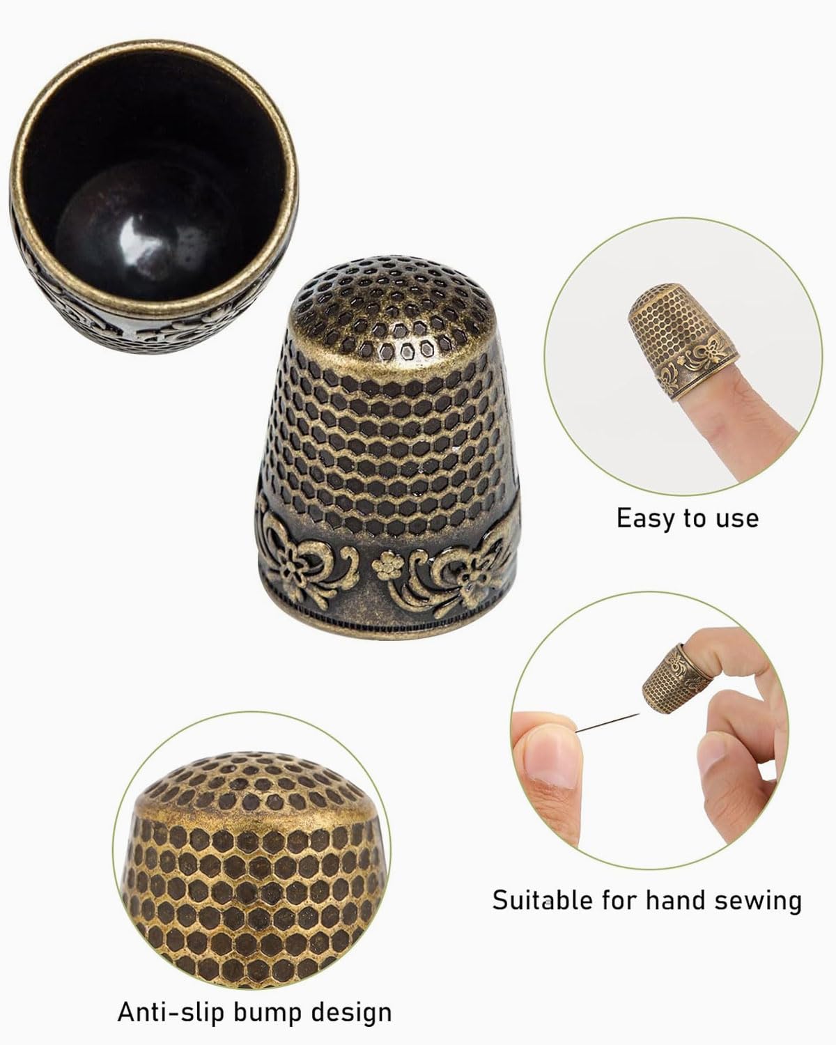 4 Dés à Coudre En Métal ZEACCT - Protection Doigts Rainure Nid D'Abeille - Argent, Or, Bronze