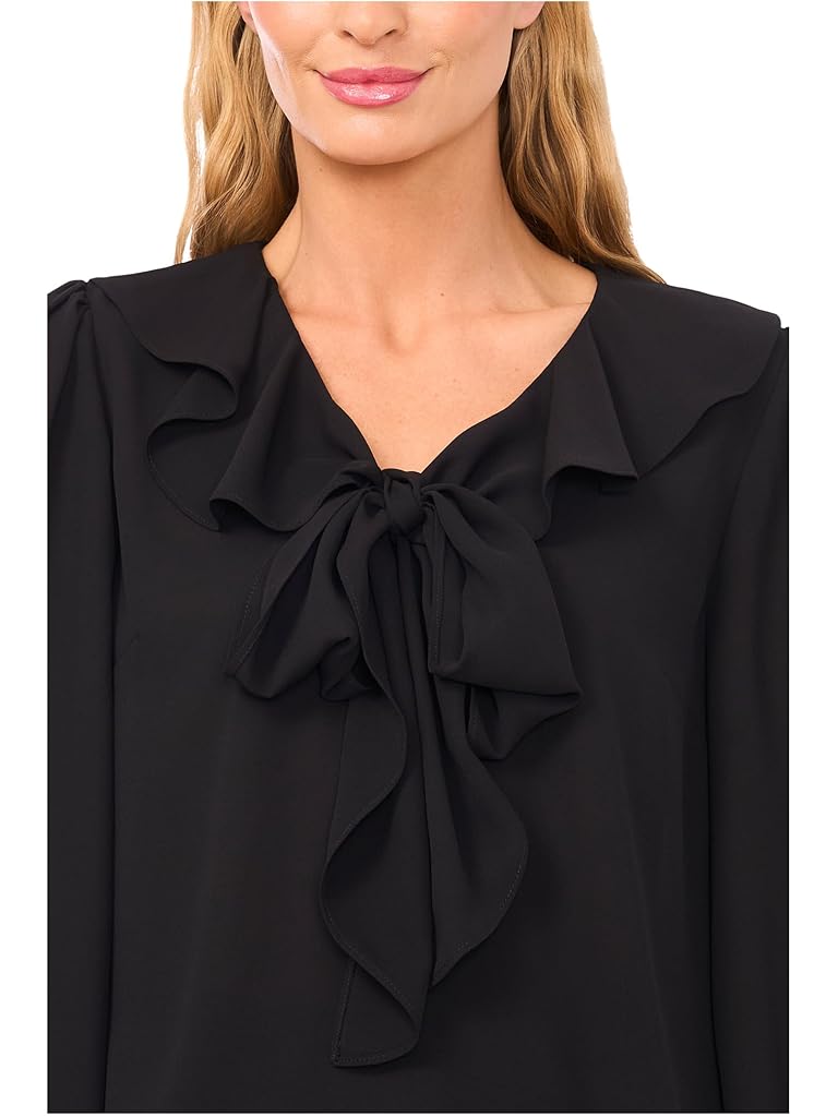 Black CeCe Long Sleeve Ruffle Tie Neck Top