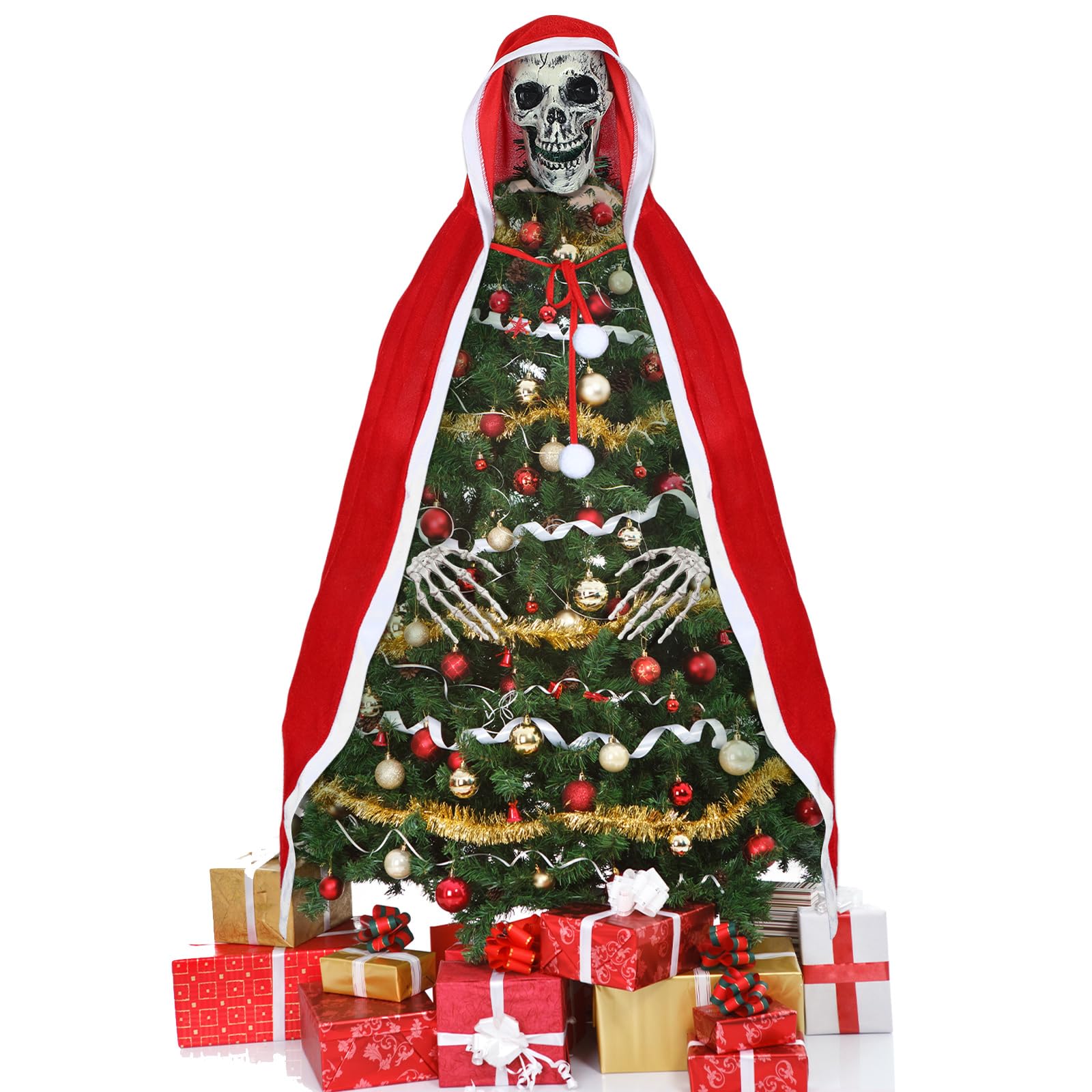 Cozypower Skull Christmas Tree Topper - Gothic Skull Head Christmas Tree Ornament with Red Cloak for Spooky Xmas Tree Decoration