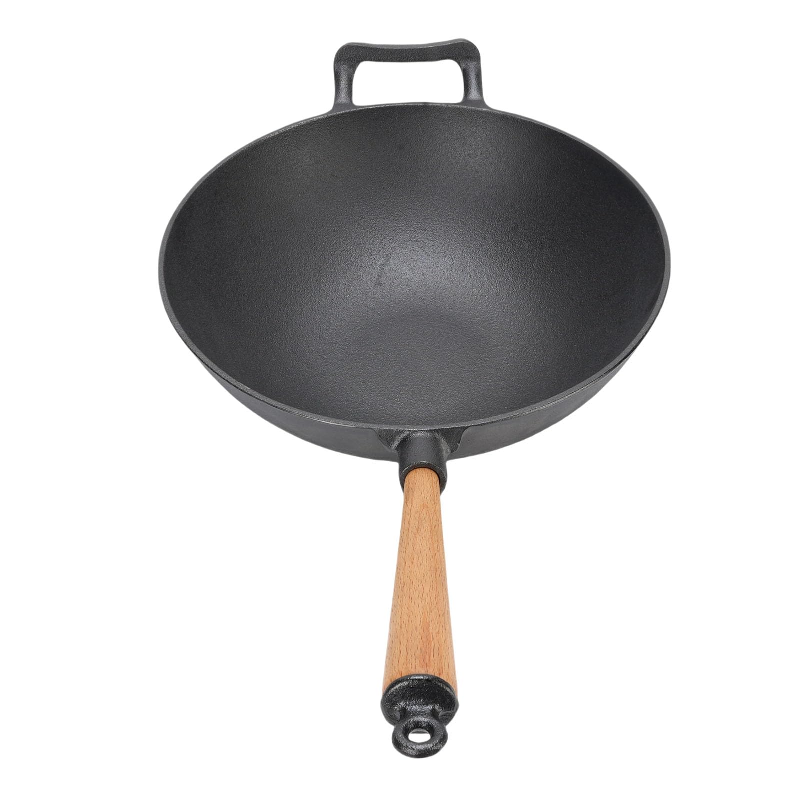 Żeliwna Patelnia Wok Trwała Patelnia do Smażenia z Drewnianym Uchwytem do Kuchenki Gazowej i Grilla na świeżym Powietrzu
