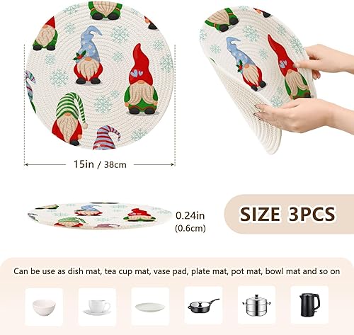 Miniatura 2 de 3 Pcs Hot Pad Trivet for Hot Pots and Pans 15in Cotton Thread Weave Heat Resistant Mat for Bowl Modern Farmhouse Decor Christmas Gnomes Green Red