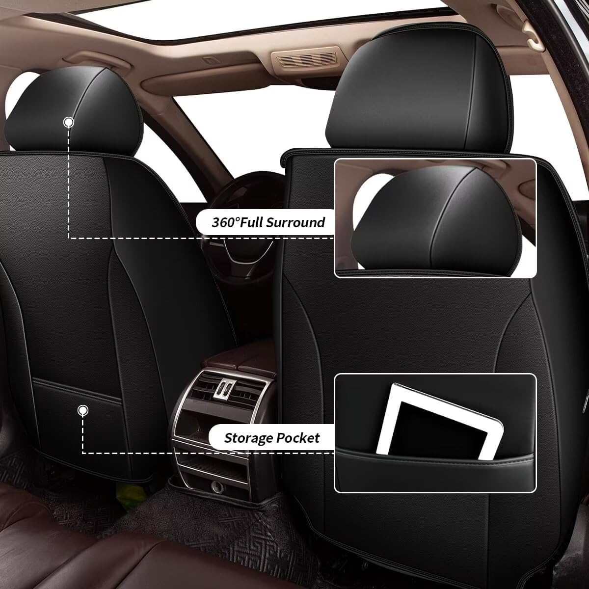 YORKNEIC Seat Covers Fit for Hyundai Santa Cruz 2022-2025: Waterproof Breathable Leather Car Seat Covers Cushion with Lumbar Support and Side Wings(5 Seats, Black)