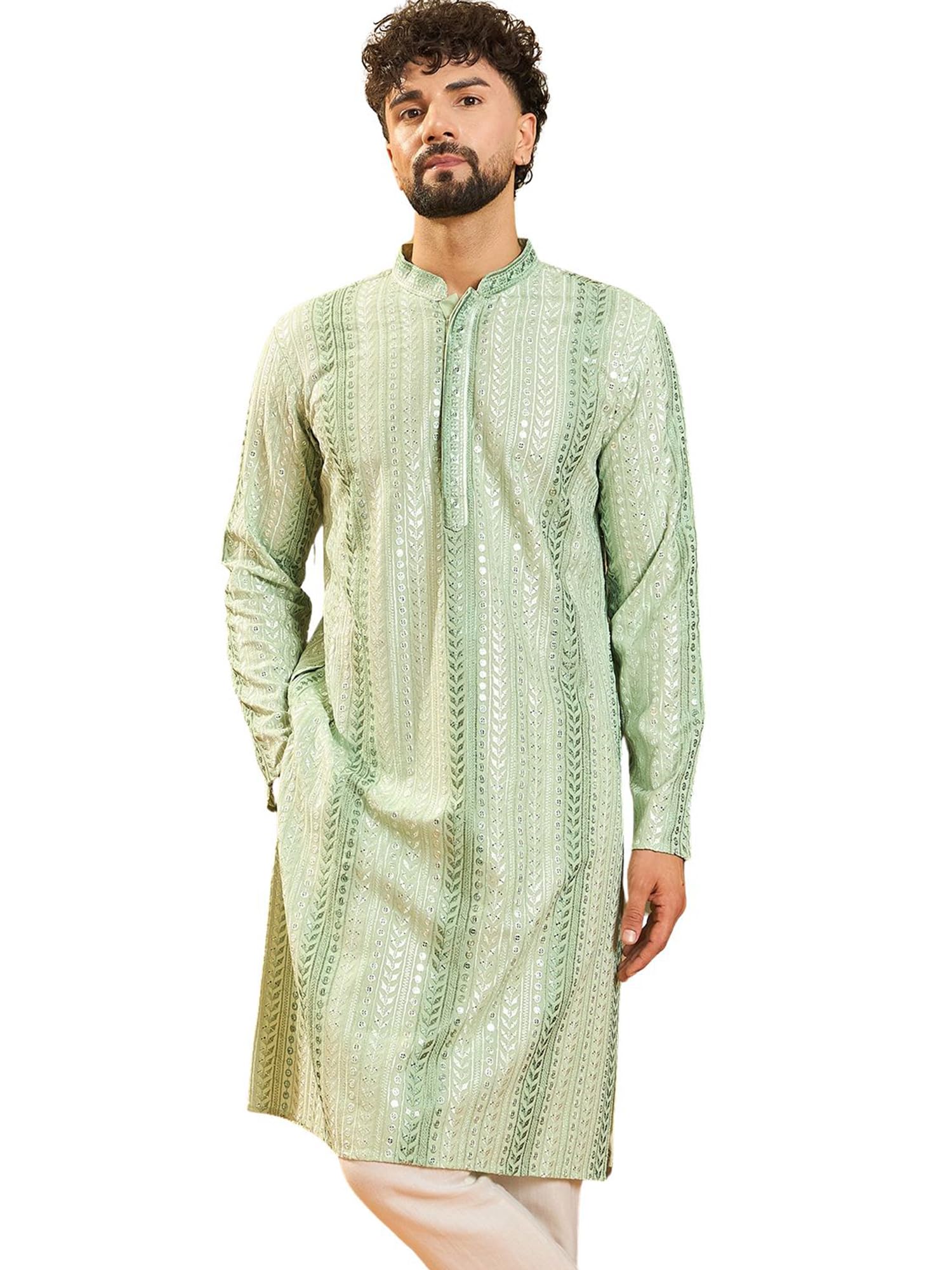 ethnic bay Men's Green Viscose Rayon Solid Embroidered Calf Length Kurta | Embroidered Kurta's for Men | Straight Fit Kurtas for Mens-picture-16