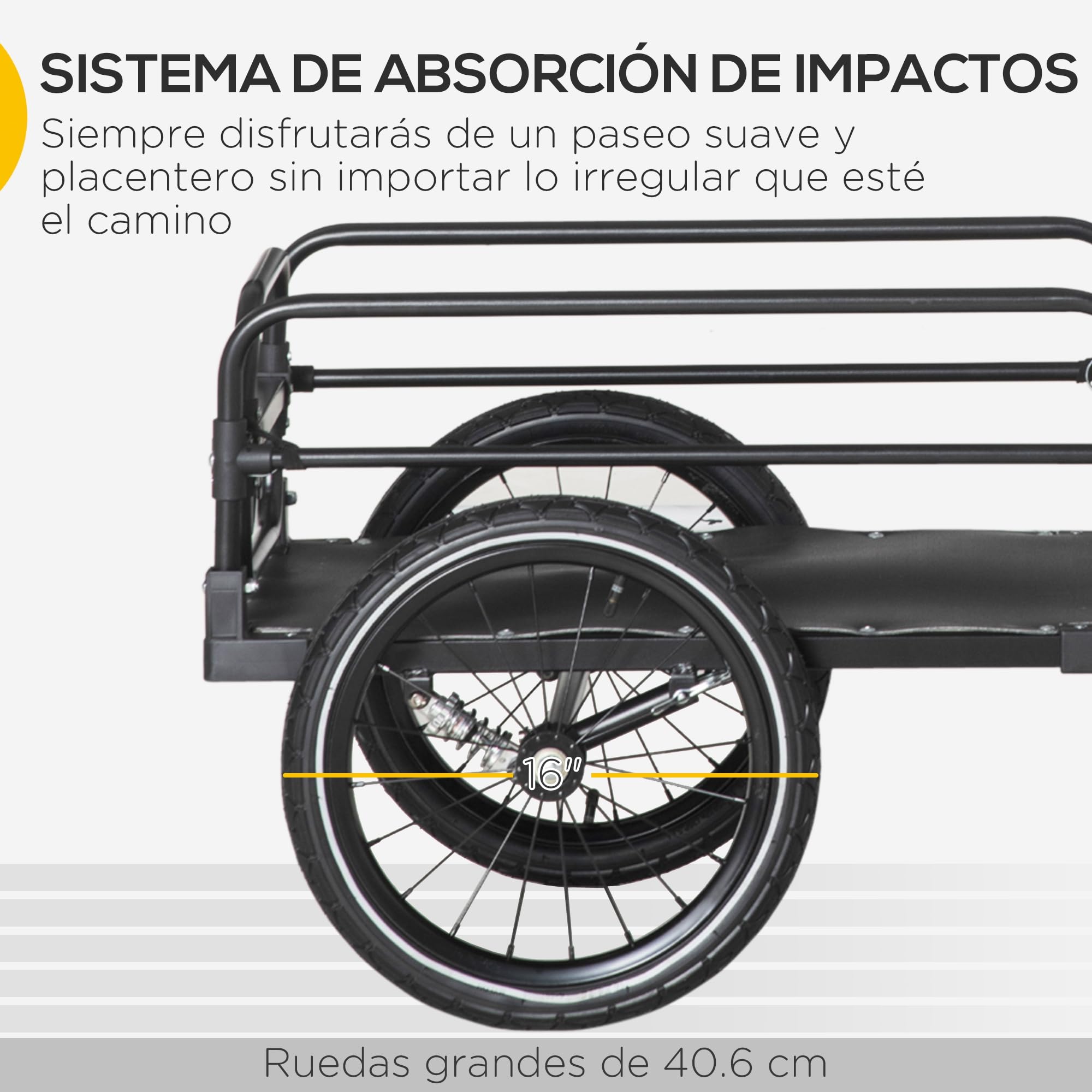 HOMCOM Rimorchio carico bicicletta, carrello rimovibile 2 ruote riflettenti, bandiera telaio ammortizzatore, 70 l, 40 kg, 125 x 64 x 53,5 cm, nero